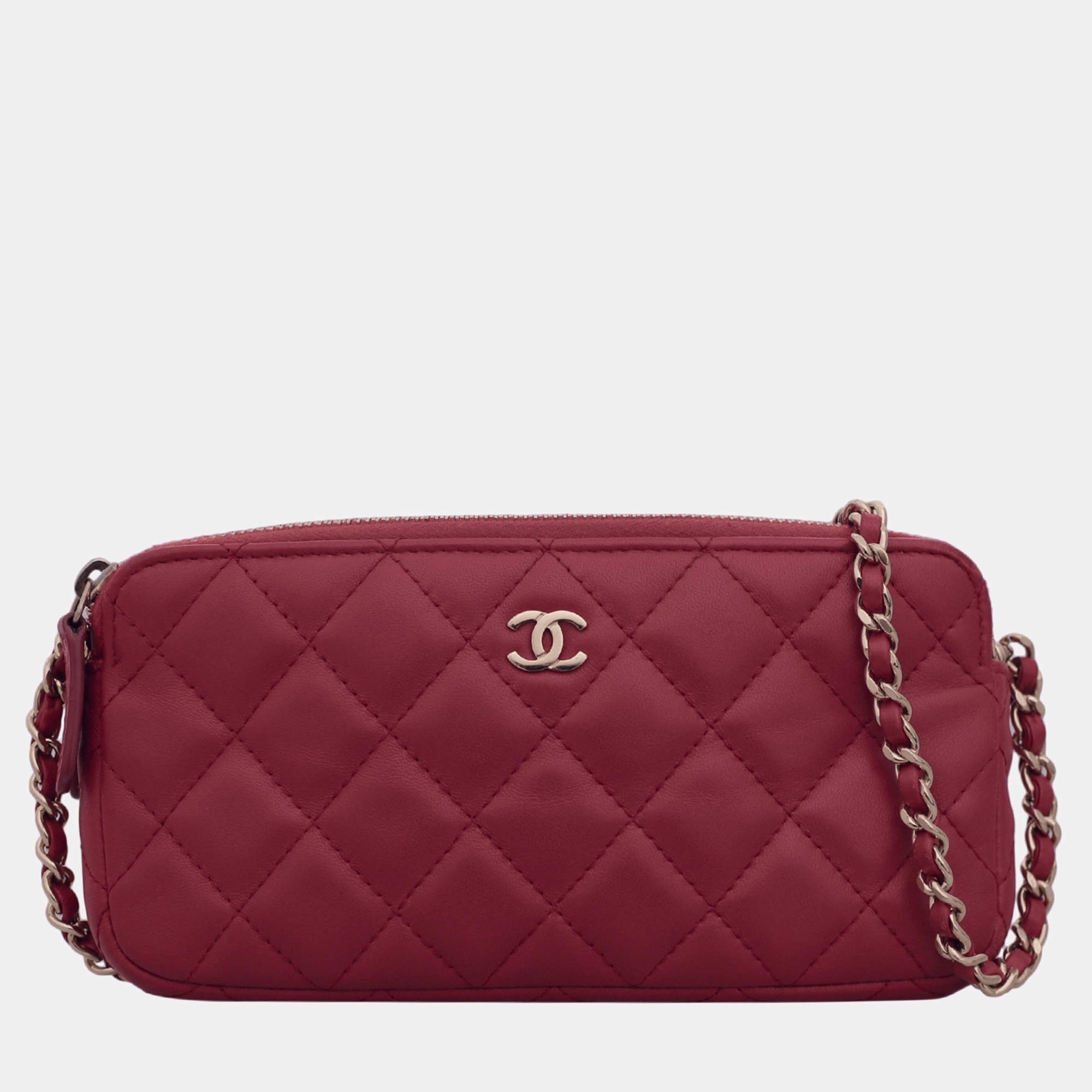 Pre Owned Chanel Red Leather Double Zip CC Clutch on Chain