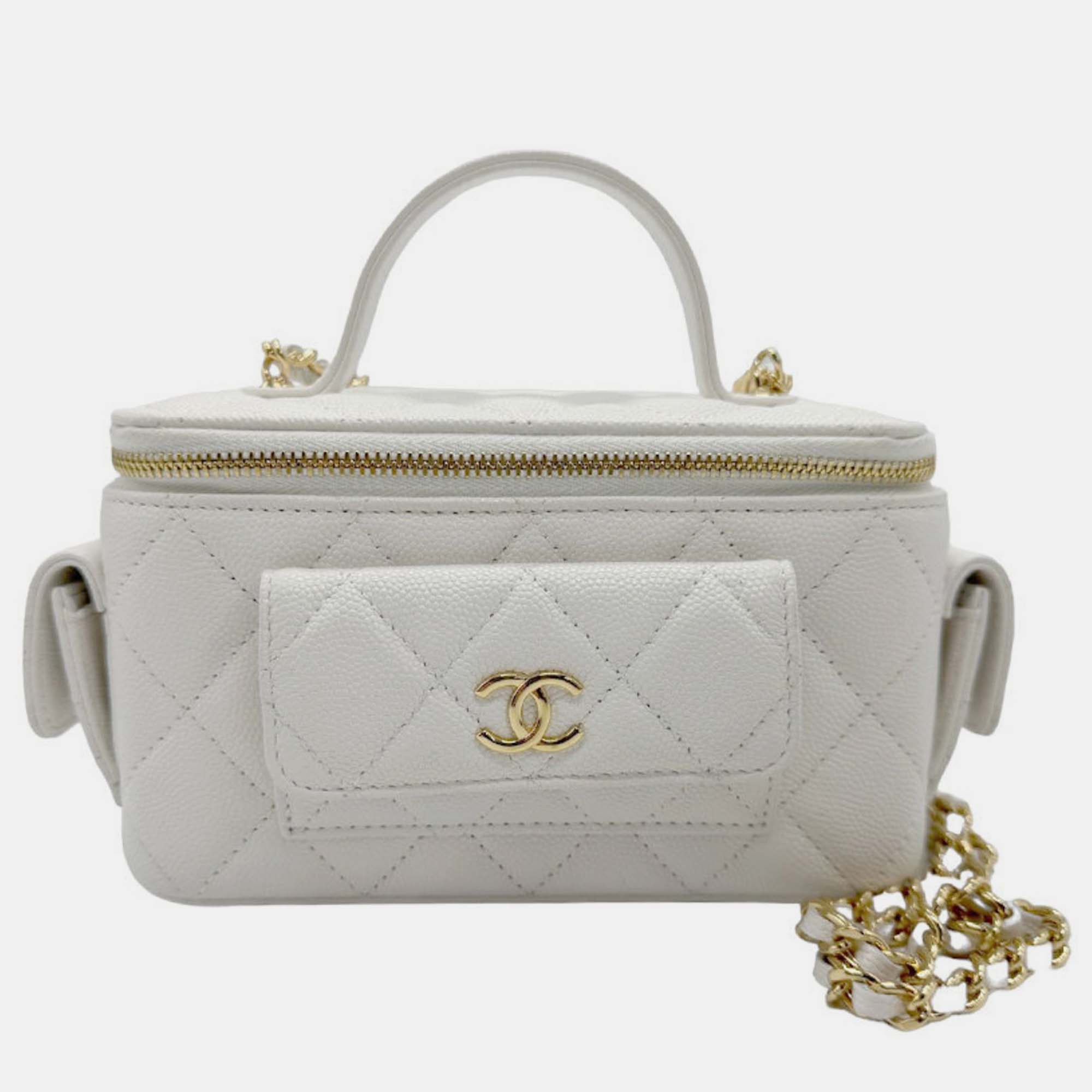 Chanel White Caviar Quilted Polly Pocket East West Top Vanity With Chain 