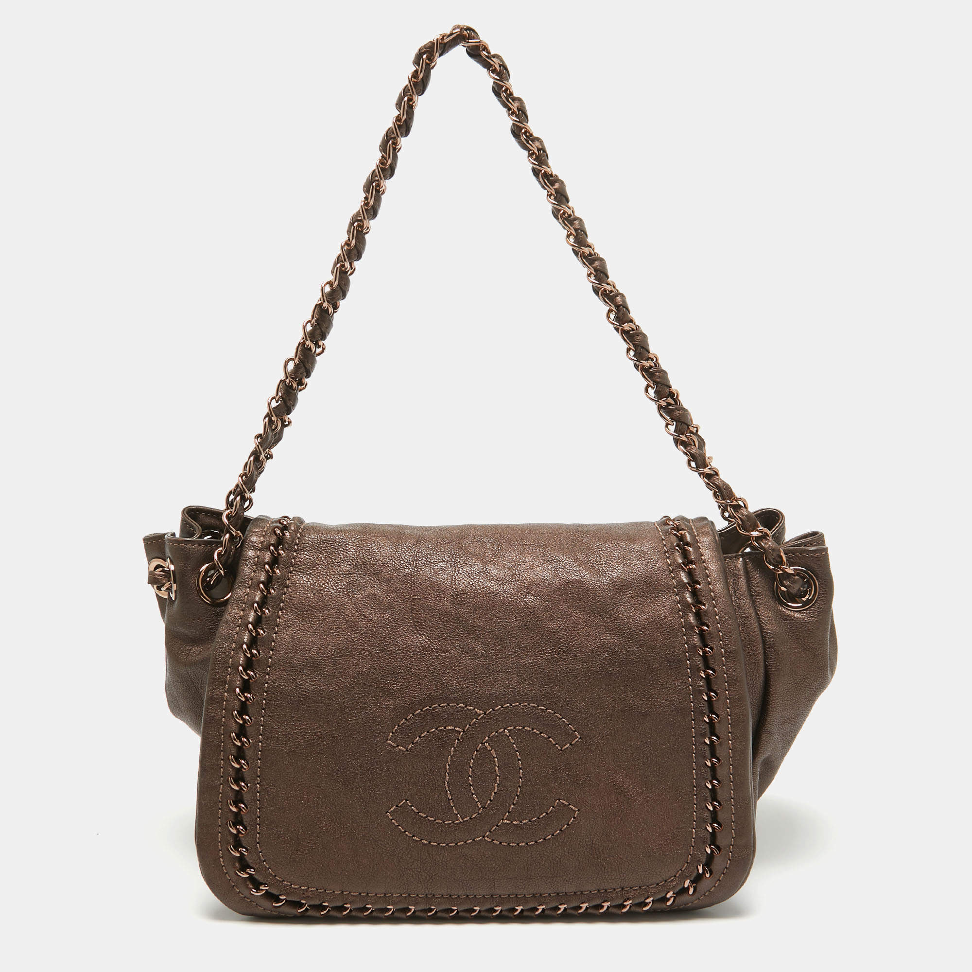 Pre Owned Chanel Bronze Leather Luxe Ligne Accordion Flap Bag