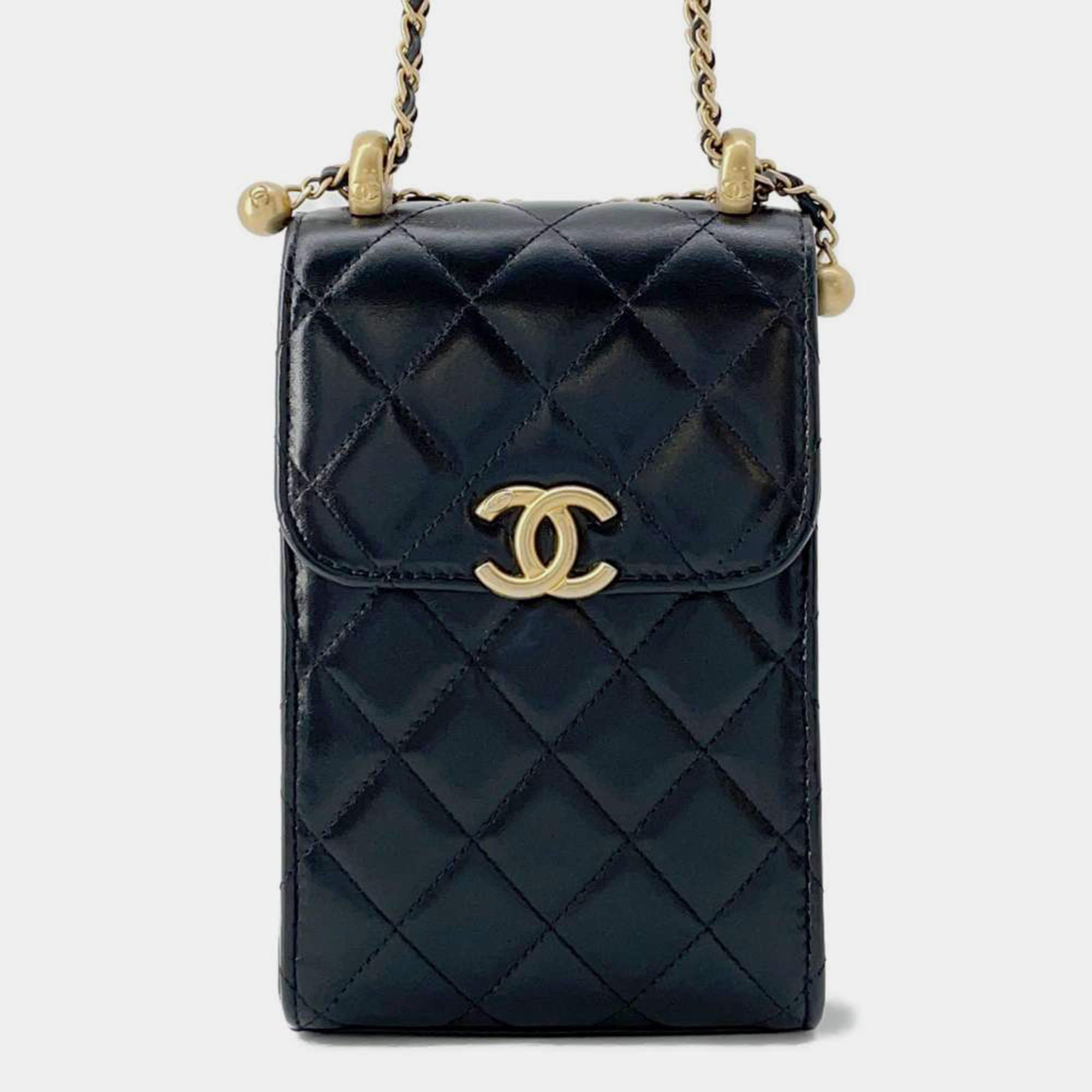 Pre Owned Chanel Black Shiny Calf Leather Phone Folder Matelasse Chain Bag