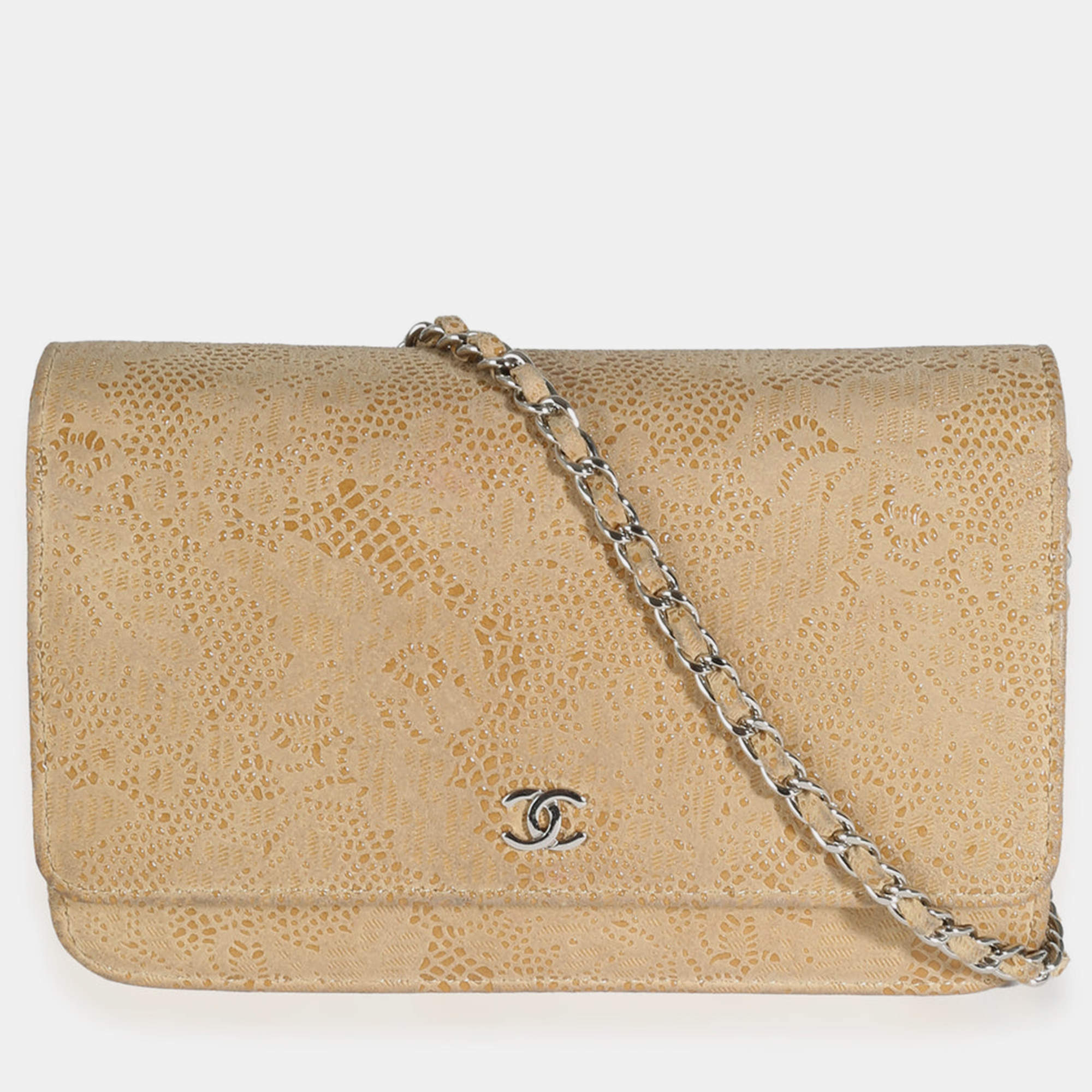 Chanel Beige Suede Lace Over Wallet On Chain Bag