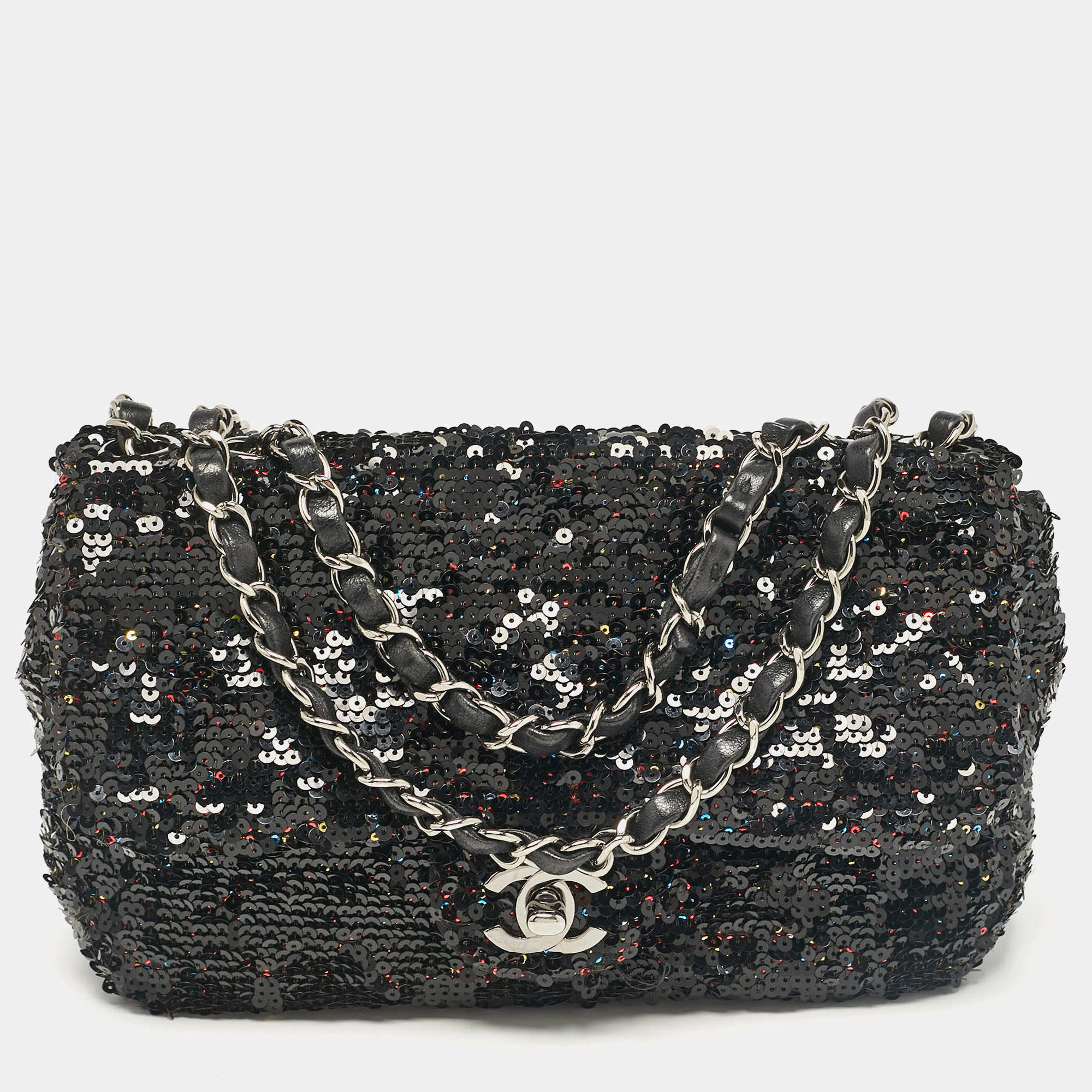 Pre Owned Chanel Black Leather and Sequins Classic Single Flap Flap Bag