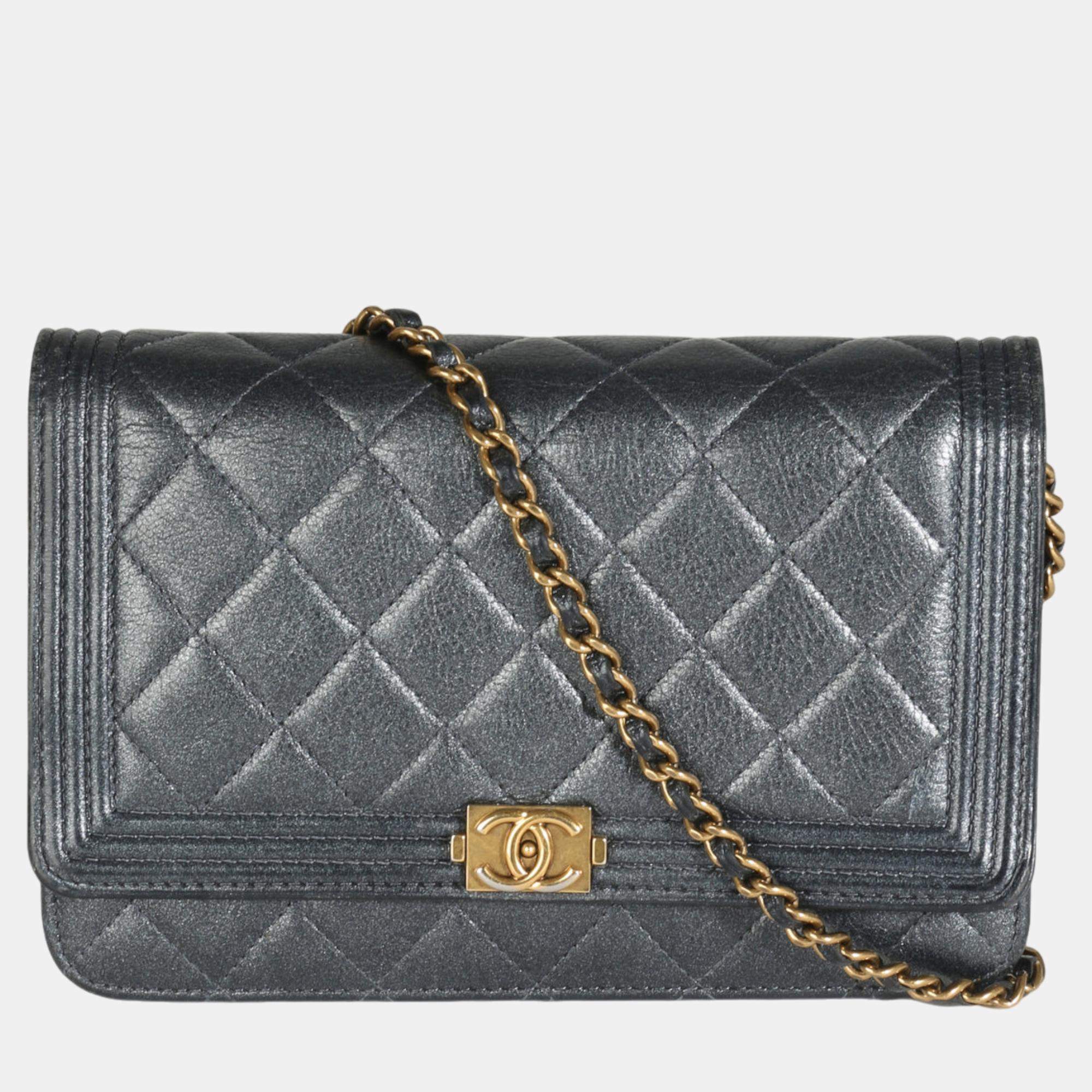 Chanel Gunmetal Quilted Lambskin Boy Wallet On Chain