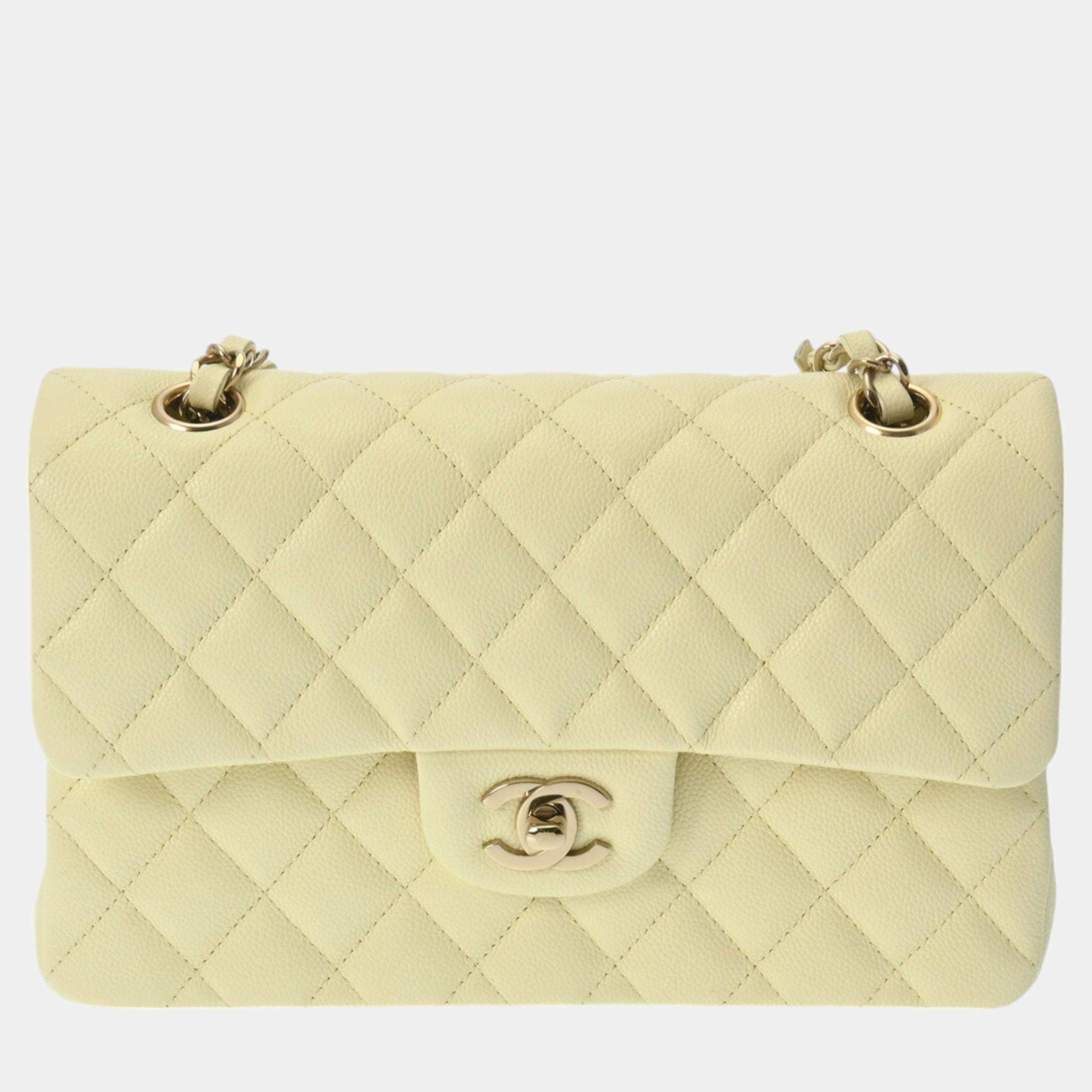 Chanel Light Yellow Caviar Skin Matelasse Chain Shoulder 23cm W Flap Bag