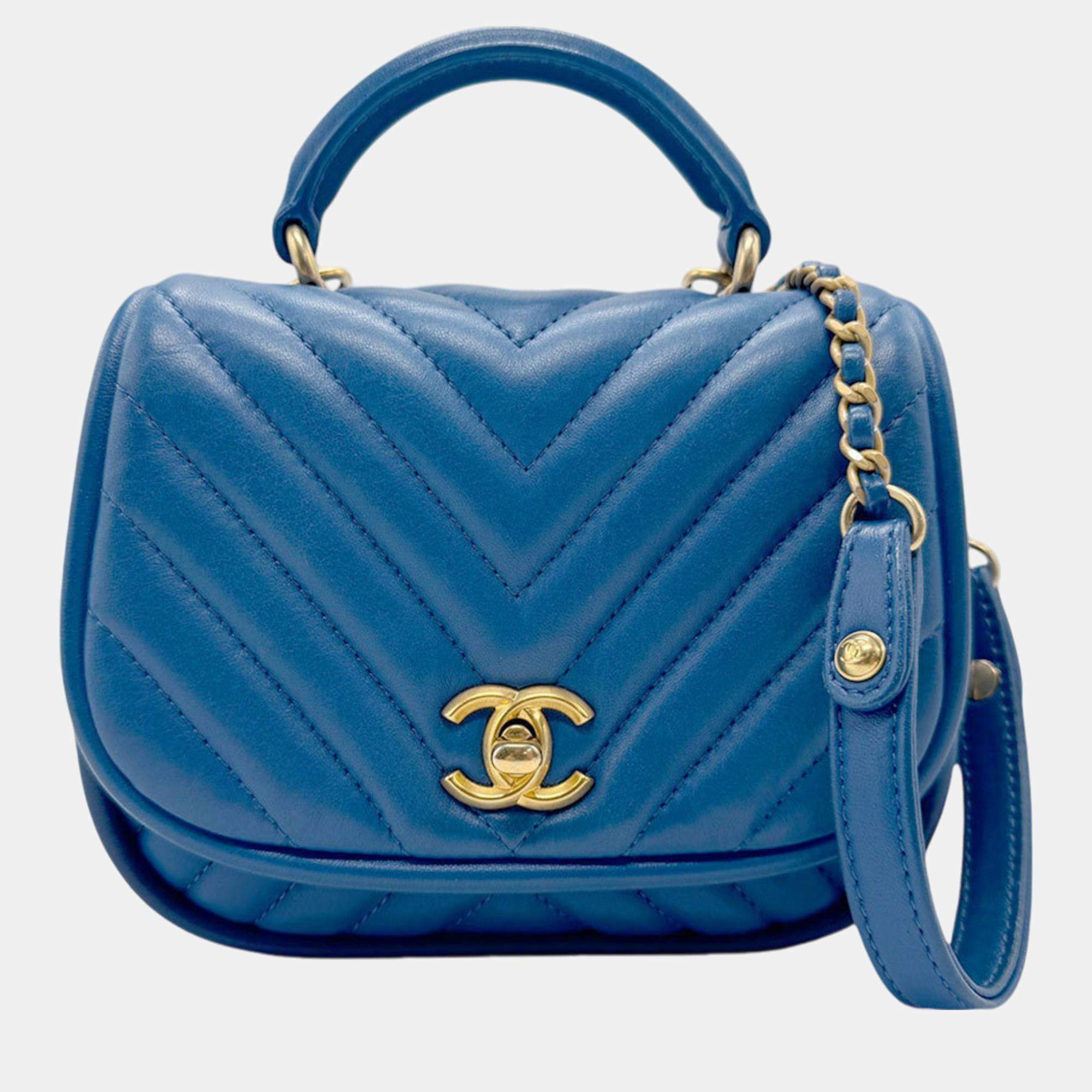 Chanel Blue Gold Leather V Stitch Handbag