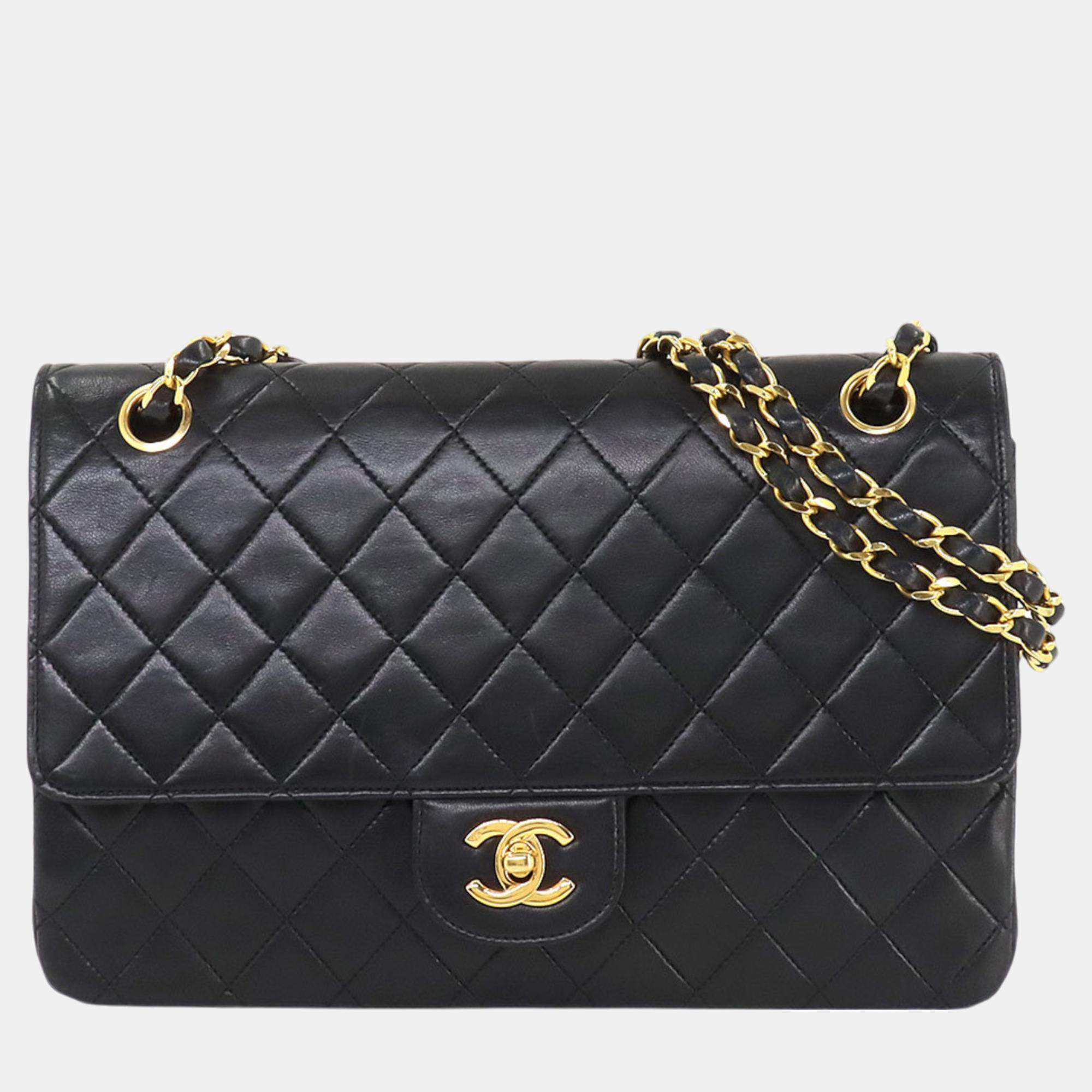Pre Owned Chanel Black Gold Leather Coco Mark Turn Lock Matelasse Chain Shoulder Bag