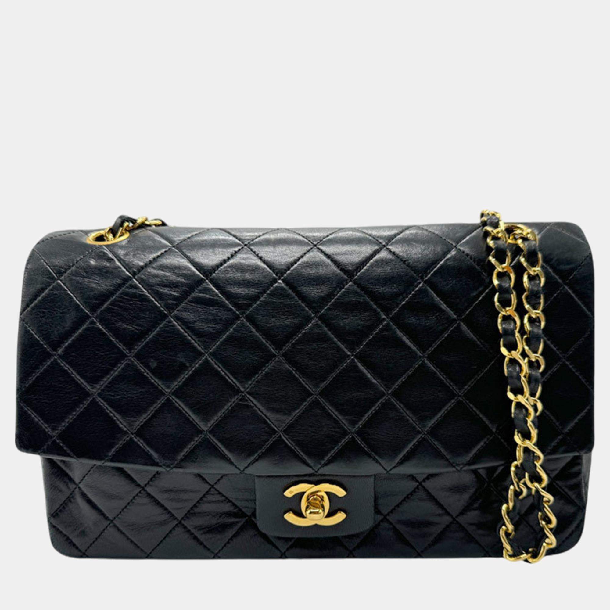 Pre Owned Chanel Black Gold Lambskin Shoulder Bag