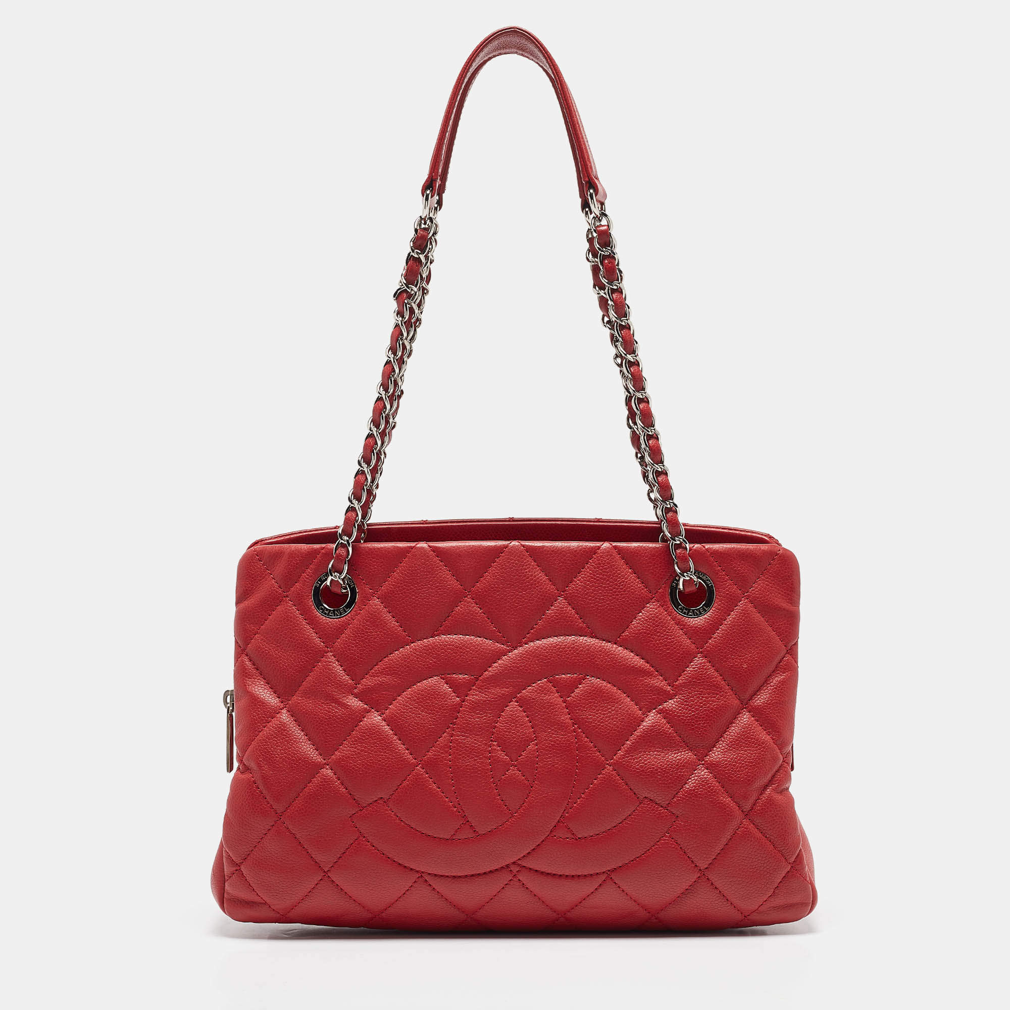 Chanel Red Quilted Caviar Leather Shopper Tote