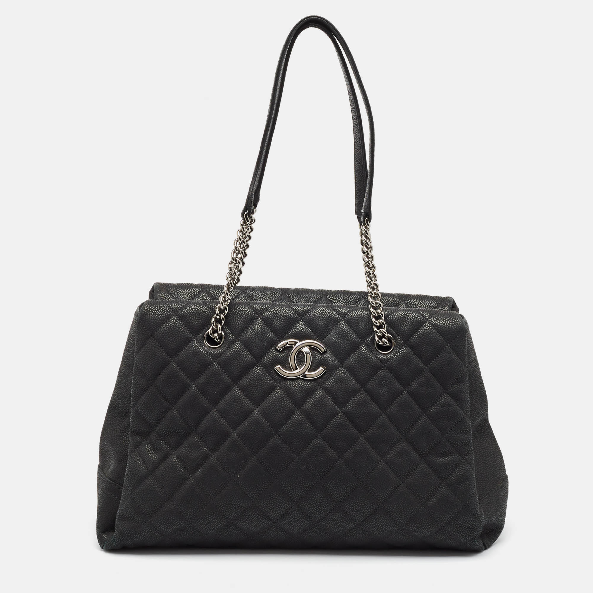 Pre Owned Chanel Black Quilted Matte Caviar Leather Lady Pearly Tote