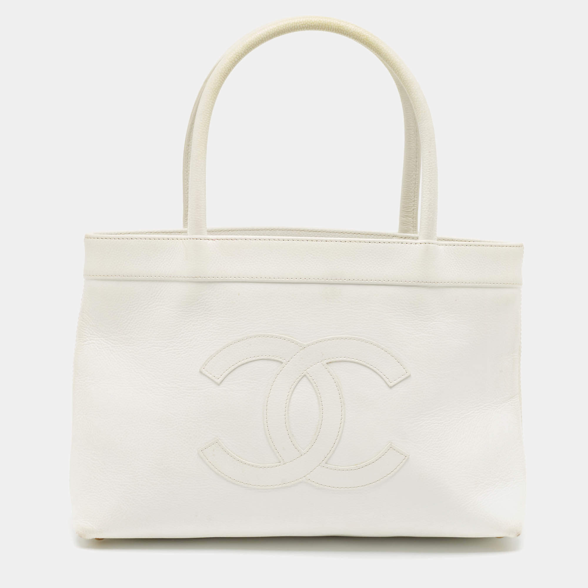 Pre Owned Chanel White Caviar Leather CC Tote