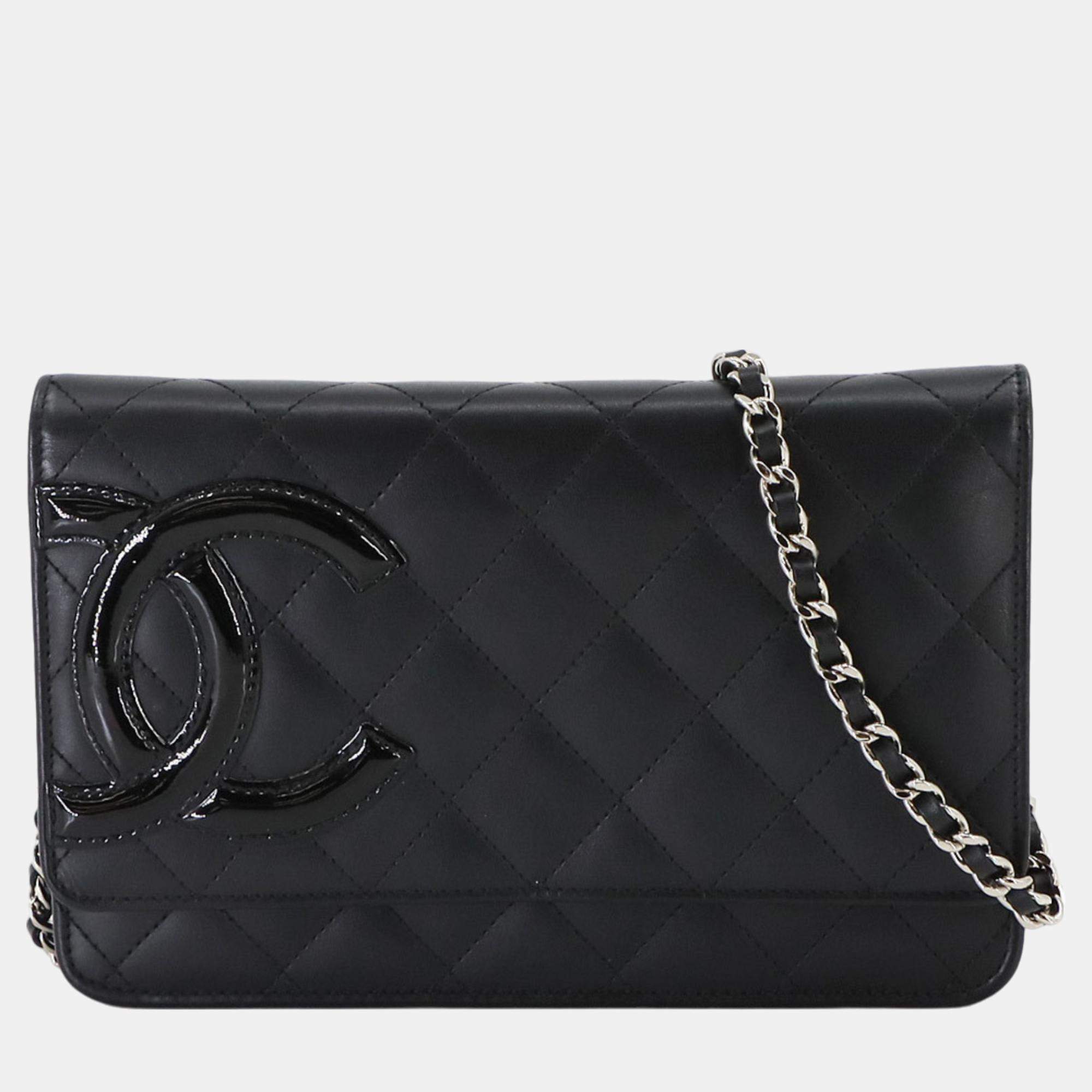 Chanel Black Enamel Leather Cambon Line Long Bi-fold Chain Wallet