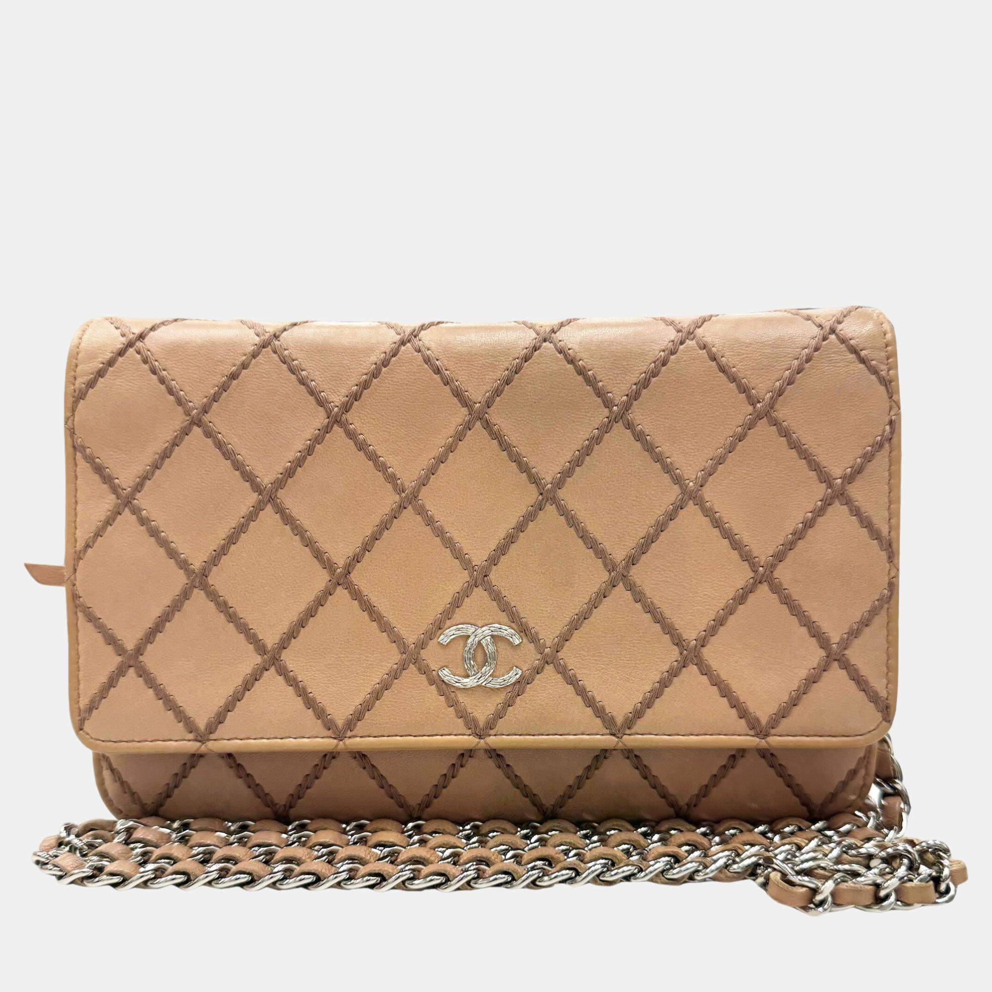 Chanel Beige Leather Wild Stitch Chain Wallet