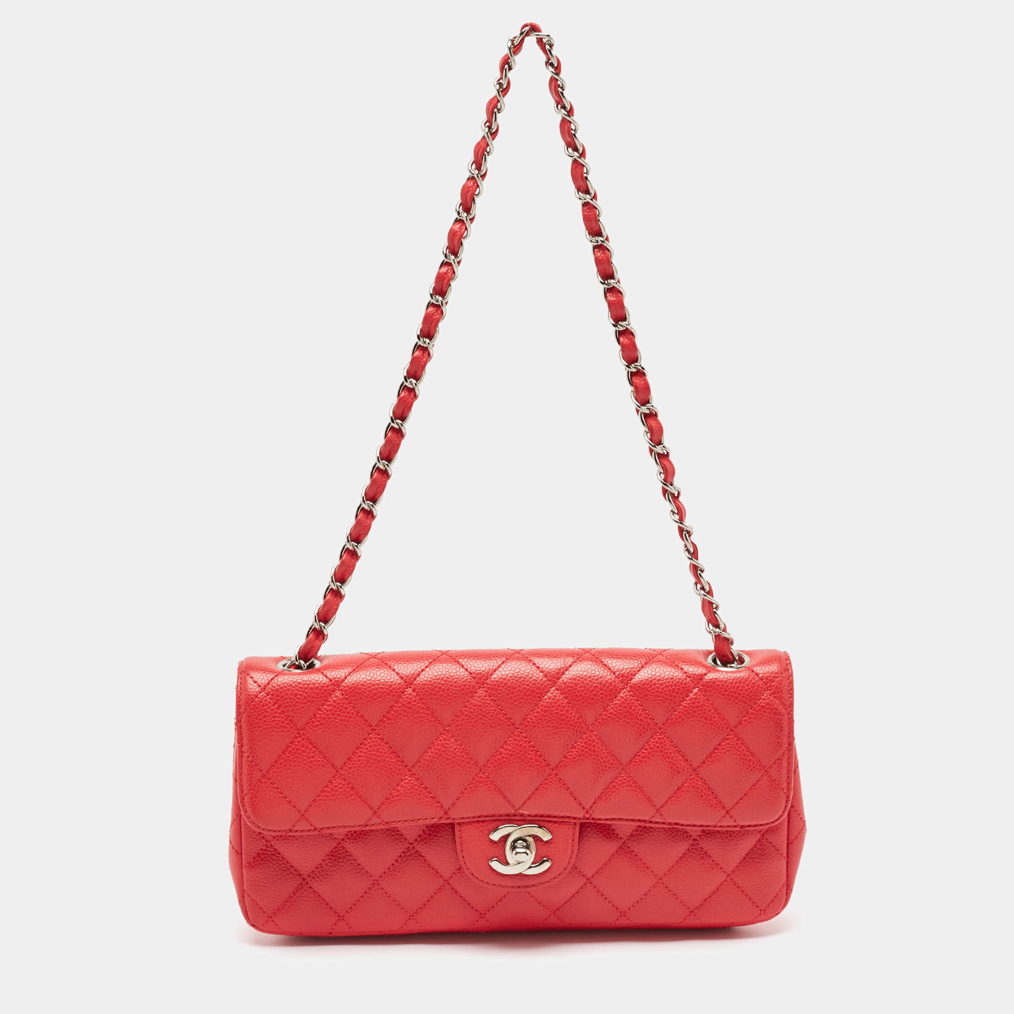 Pre Owned Chanel Red Quilted Caviar Leather East/West Classic Flap Bag