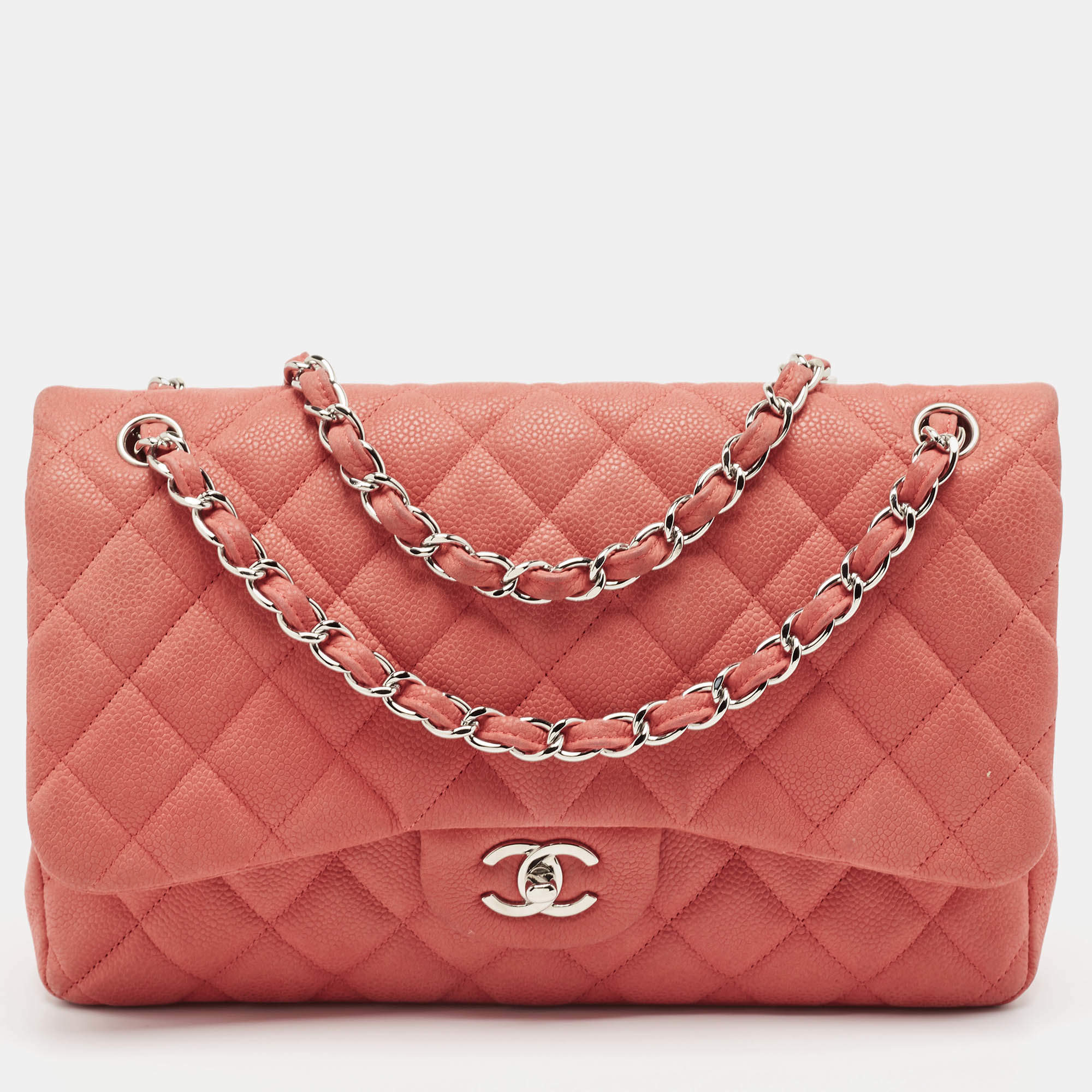 Pre Owned Chanel Coral Pink Caviar Leather Jumbo Classic Double Flap Bag
