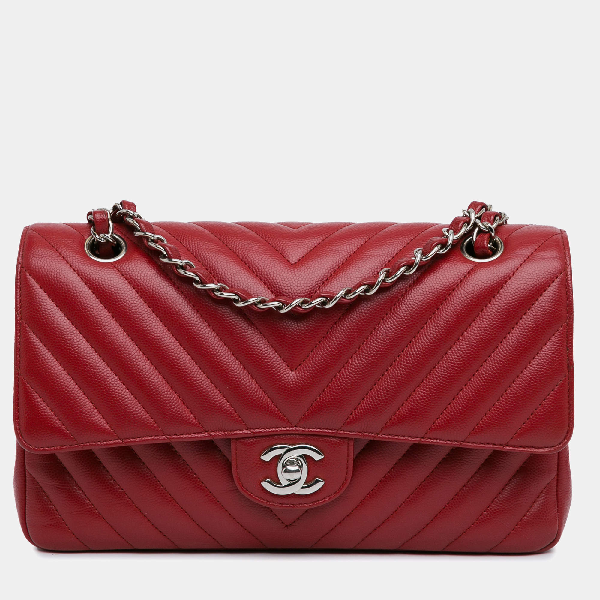 Chanel Red Leather Chevron Classic Double Flap Medium Bag