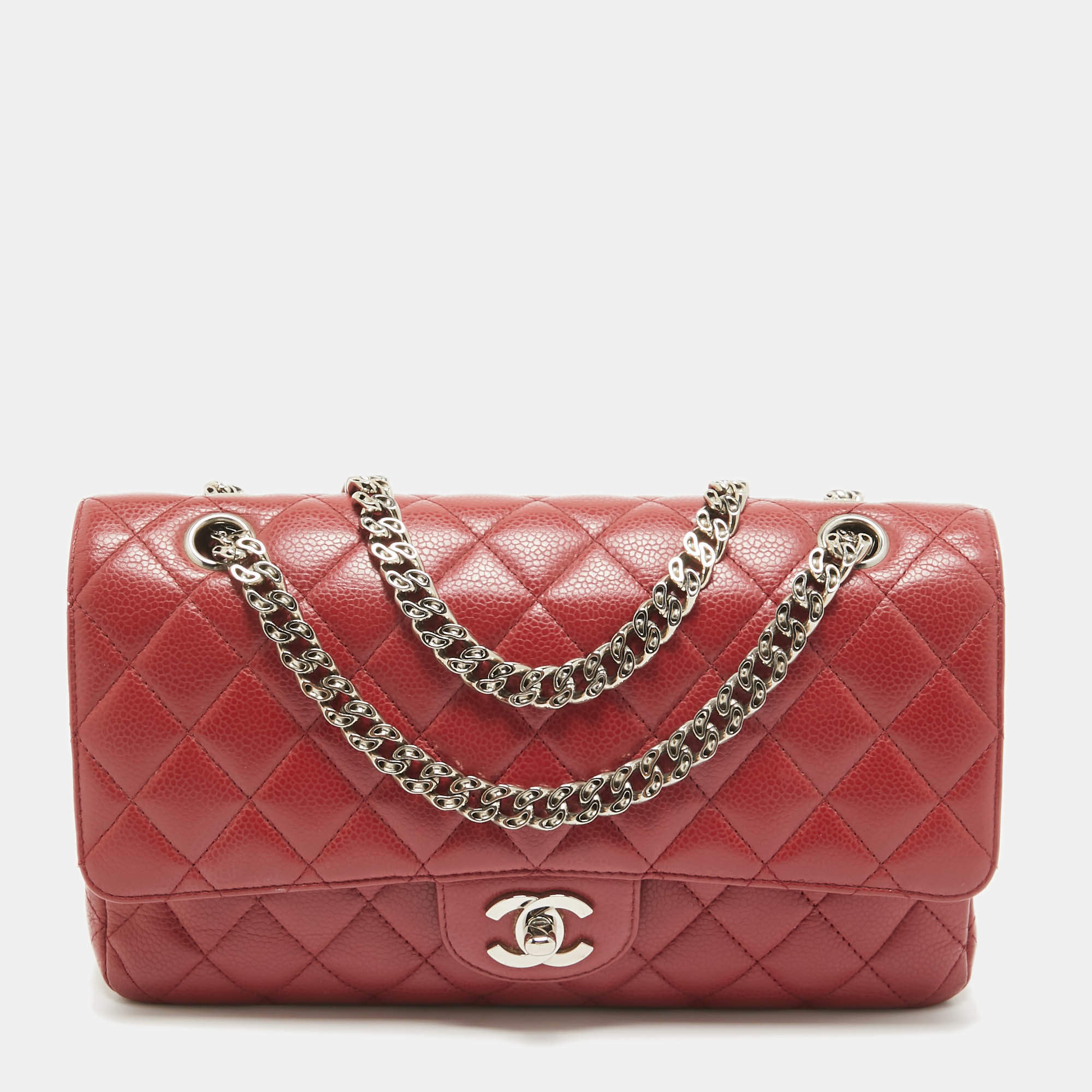 Pre Owned Chanel Red Caviar Leather Medium Classic Double Flap Bag