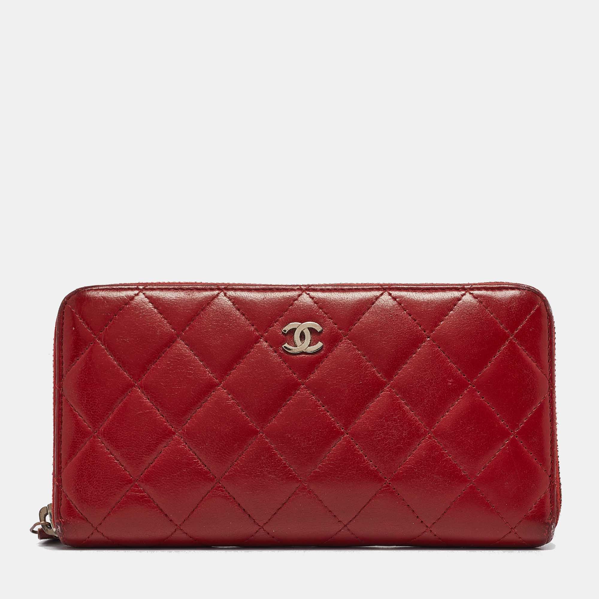 Chanel Red Quilted Leather CC Zip Continental Wallet