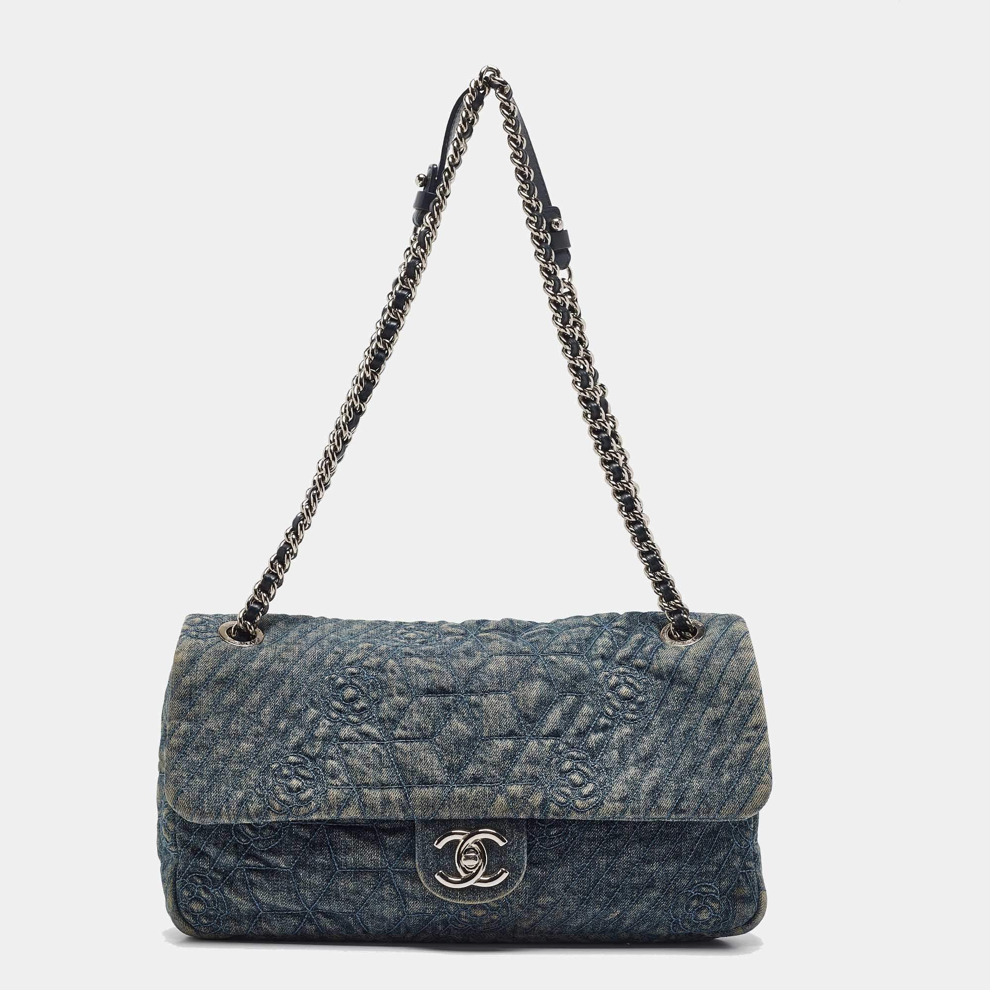 Pre Owned Chanel Blue Quilted Denim CC Camelia Embroidered Flap Bag