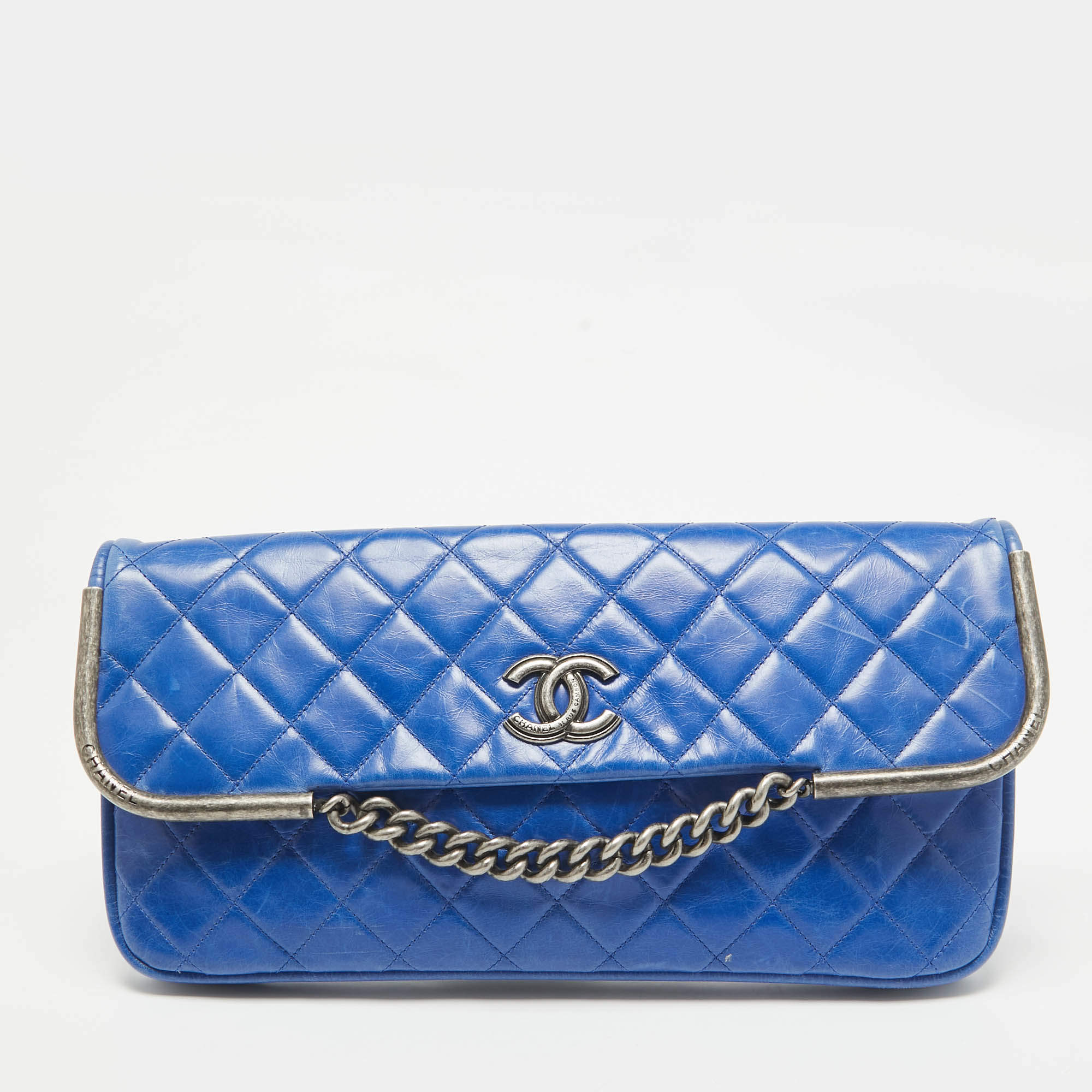 Pre Owned Chanel Blue Quilted Aged Leather Chain Clutch