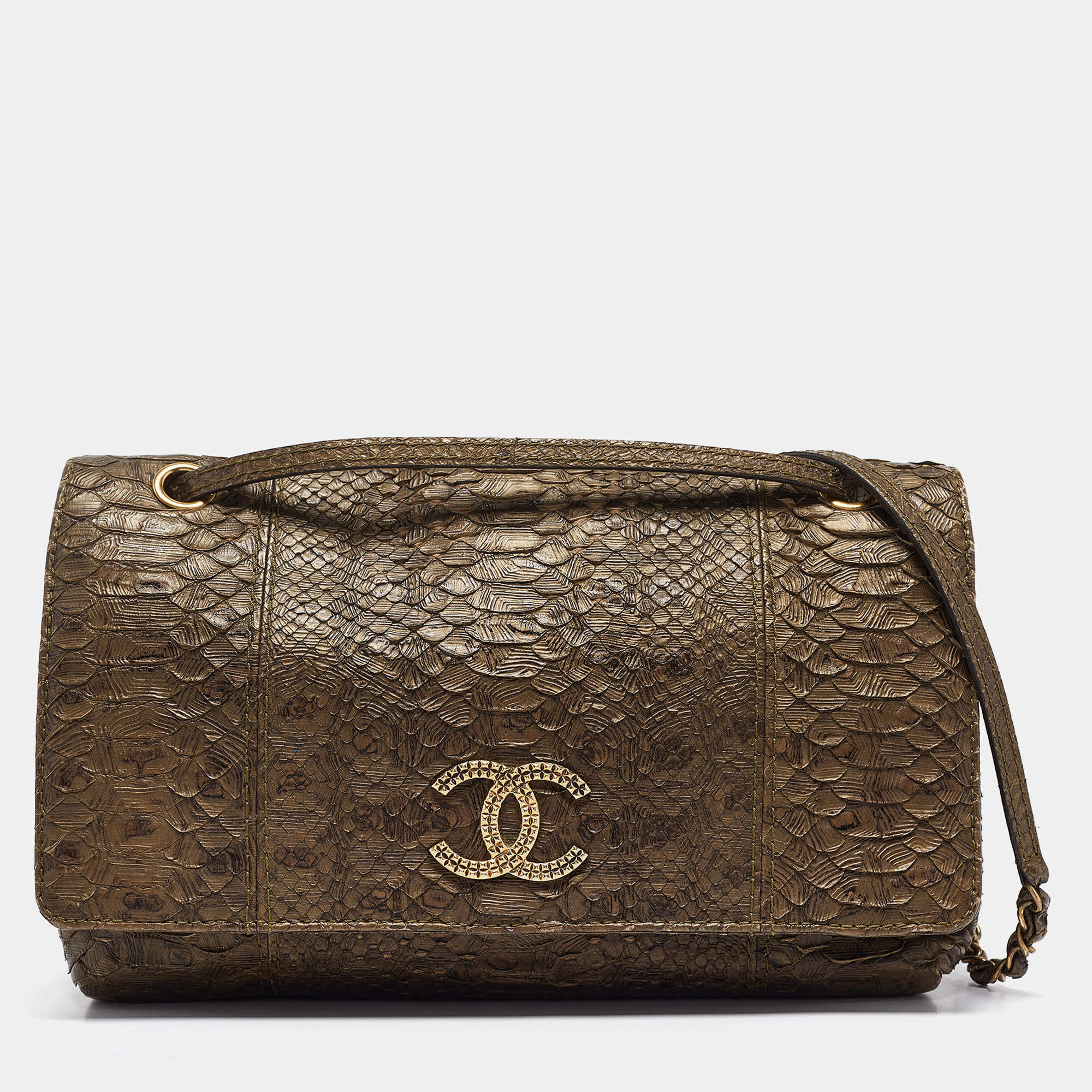 Pre Owned Chanel Olive Green Python Paris-Byzance Flap Bag 