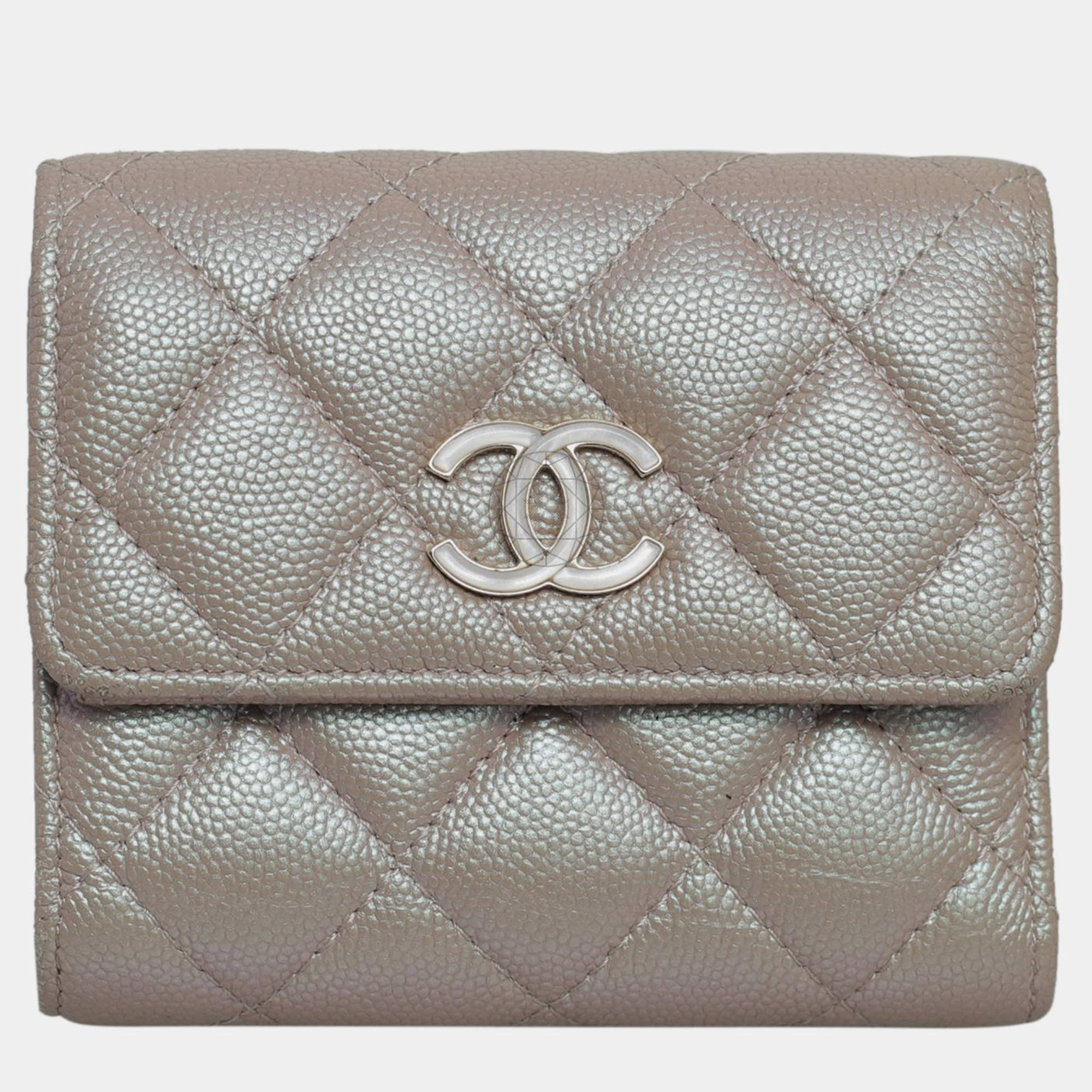 Chanel Beige Irridescent Caviar Tri-Fold Wallet