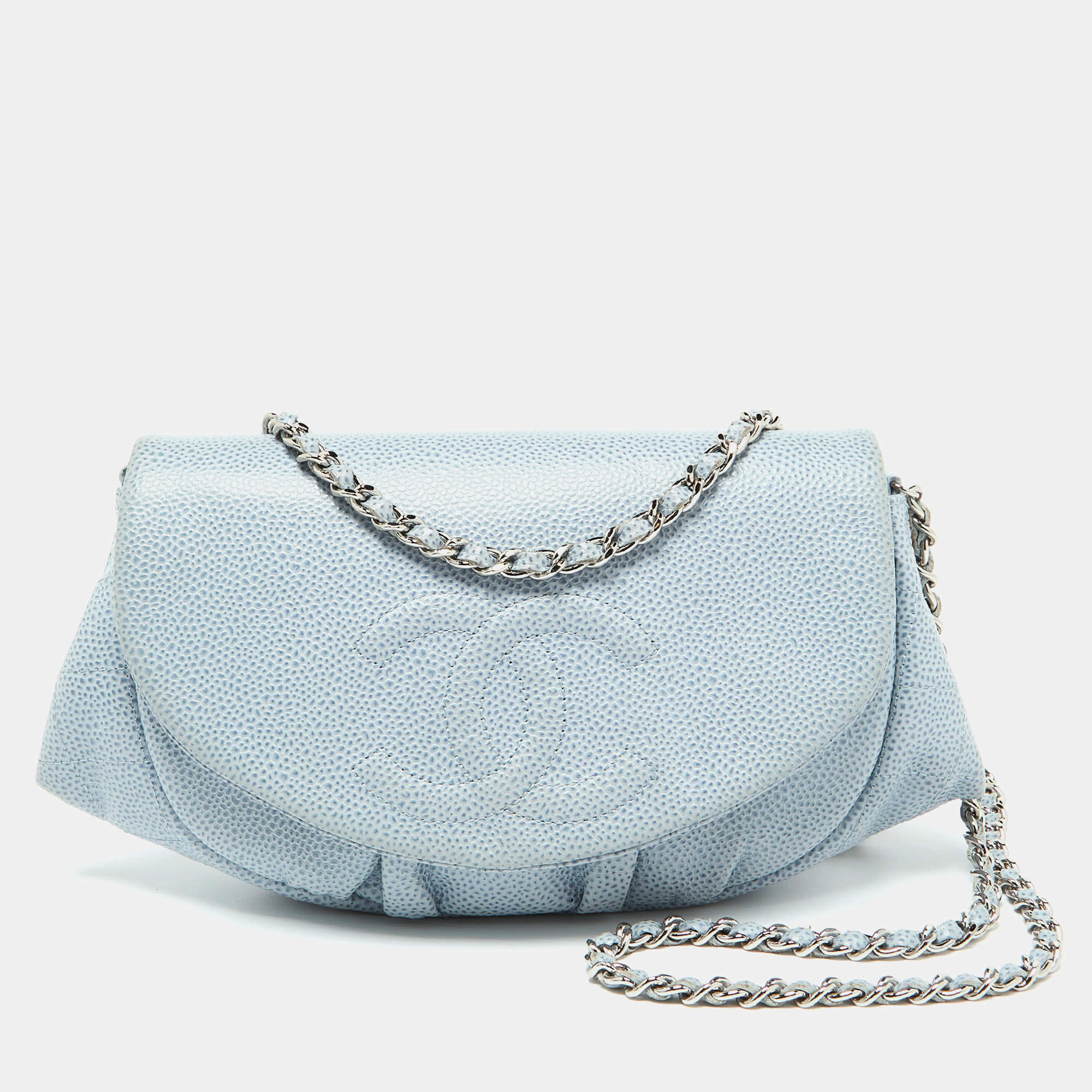مملوكة مسبقًا Chanel Light Blue Caviar Leather Half Moon Wallet On Chain