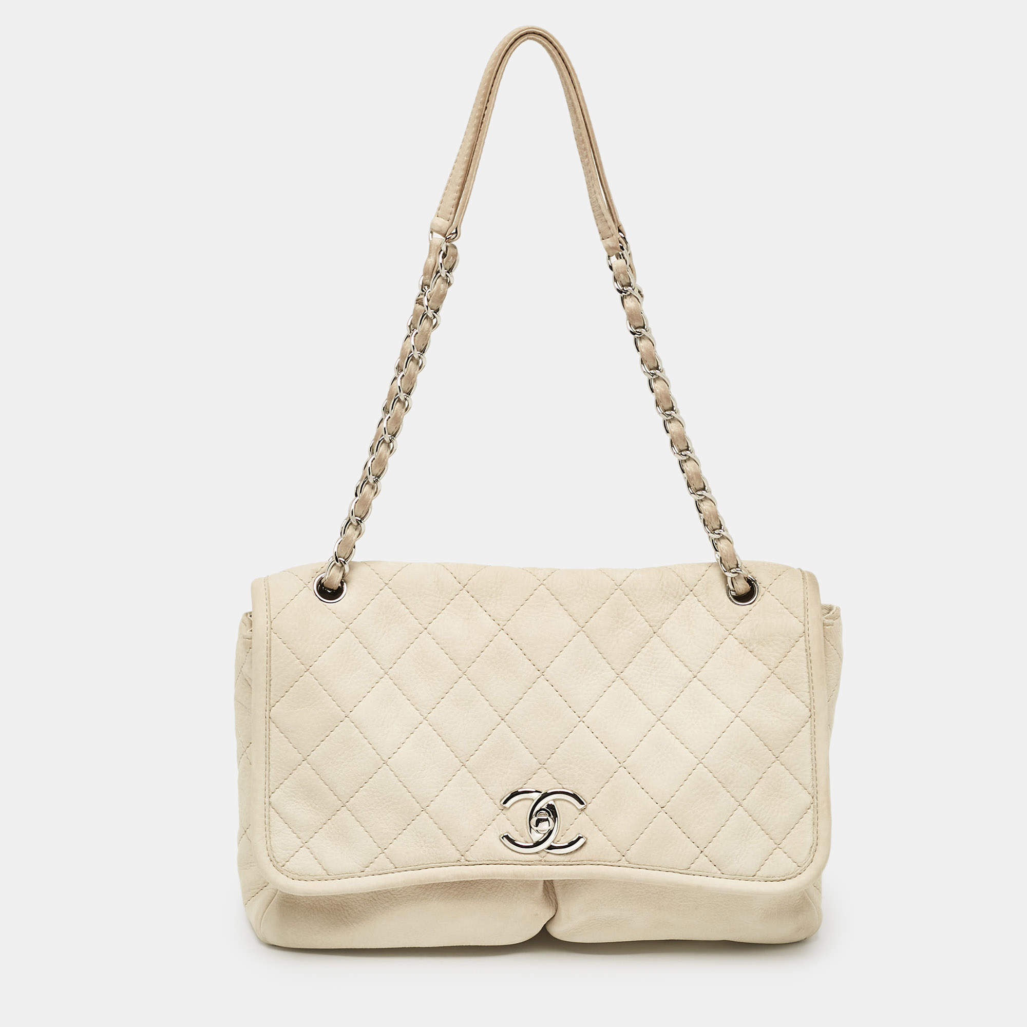 Pre Owned Chanel Light Beige Nubuck Leather Split Pocket Flap Bag