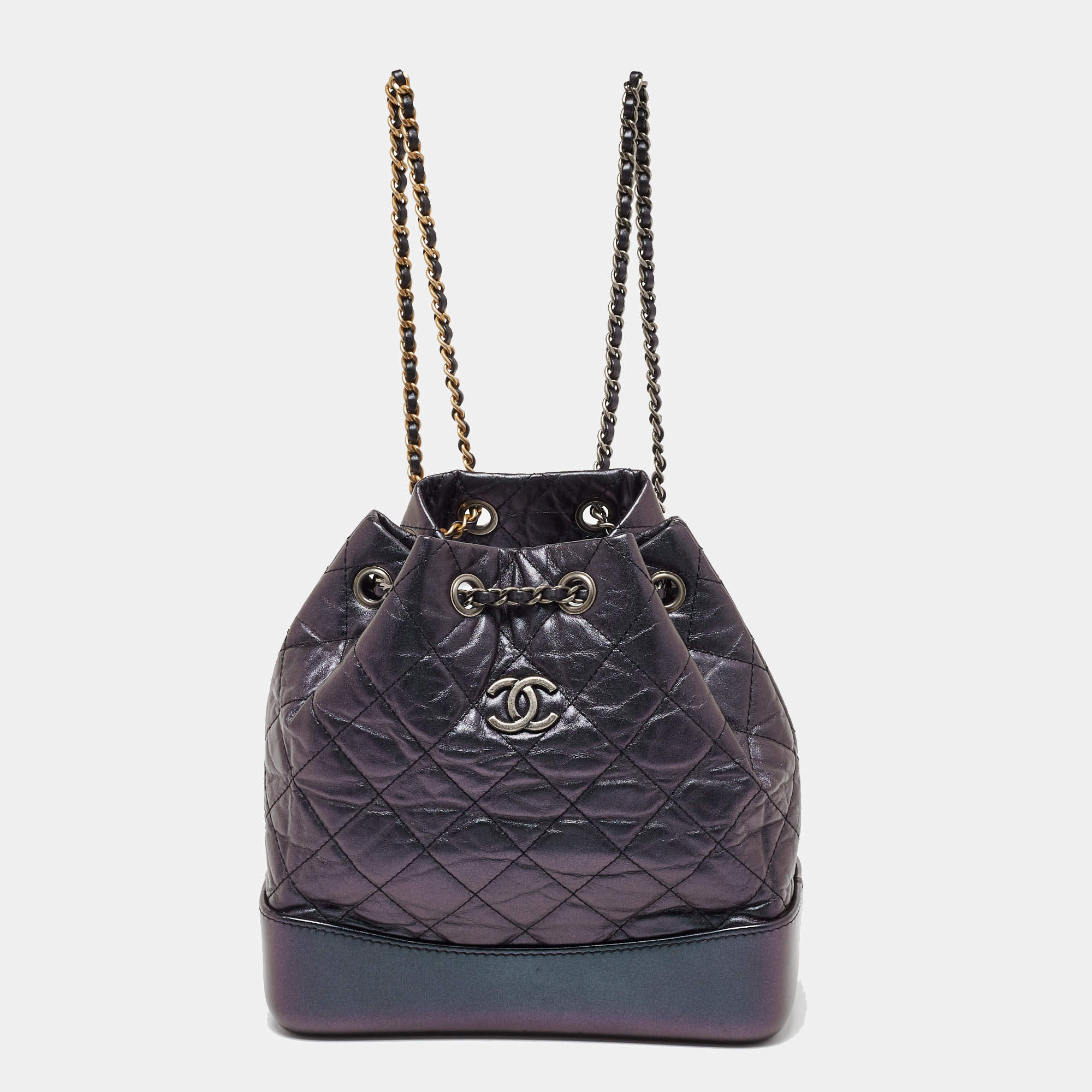 Pre Owned Chanel Iridescent Dark Purple Quilted Leather CC Gabrielle Small Backpack