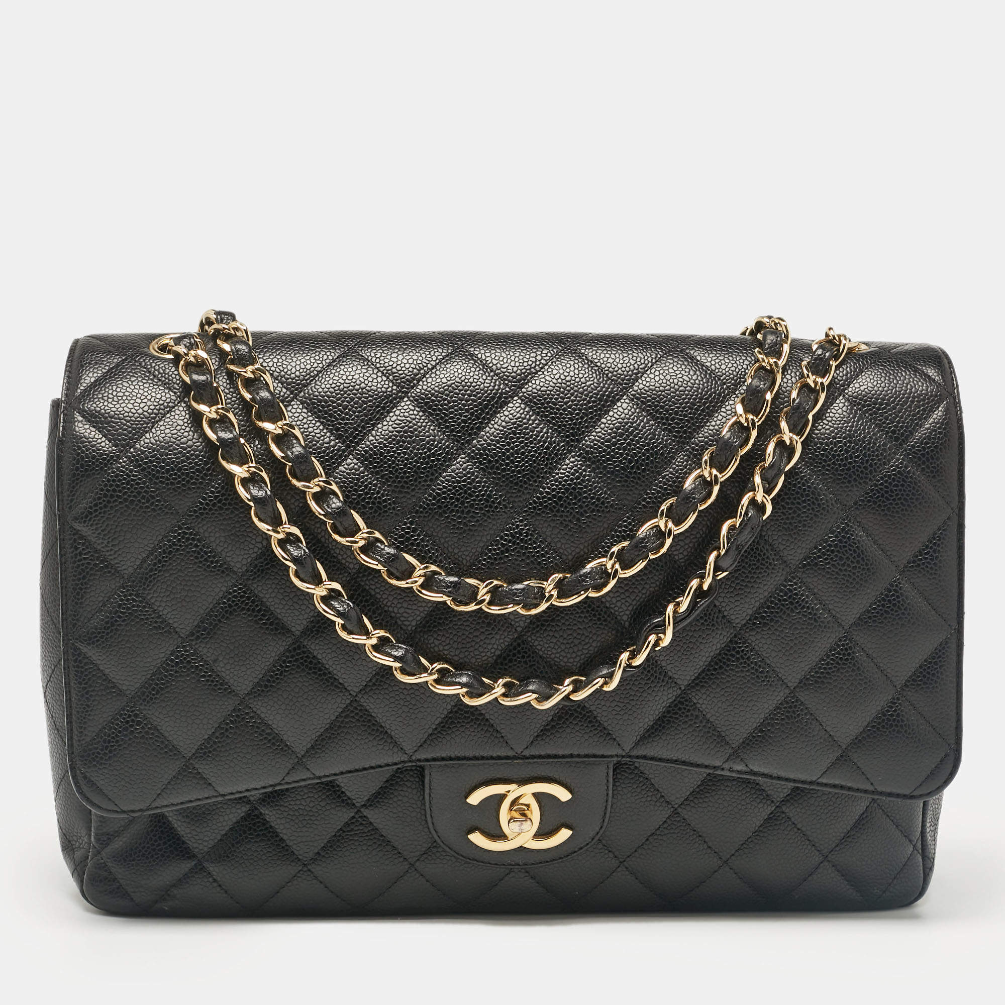 Pre Owned Chanel Black Caviar Quilted Leather Maxi Classic Double Flap Bag