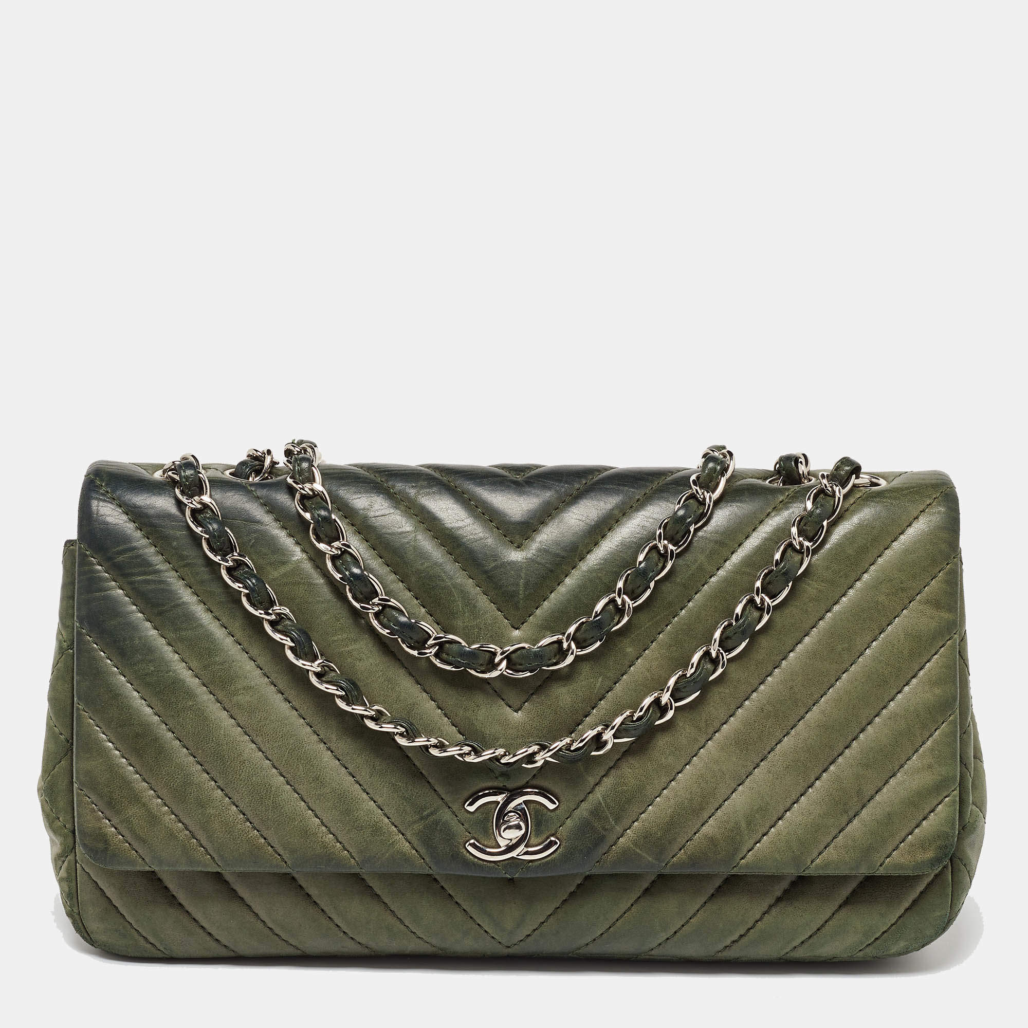 Pre Owned Chanel Green Leather Surpique Chevron Large Flap Bag