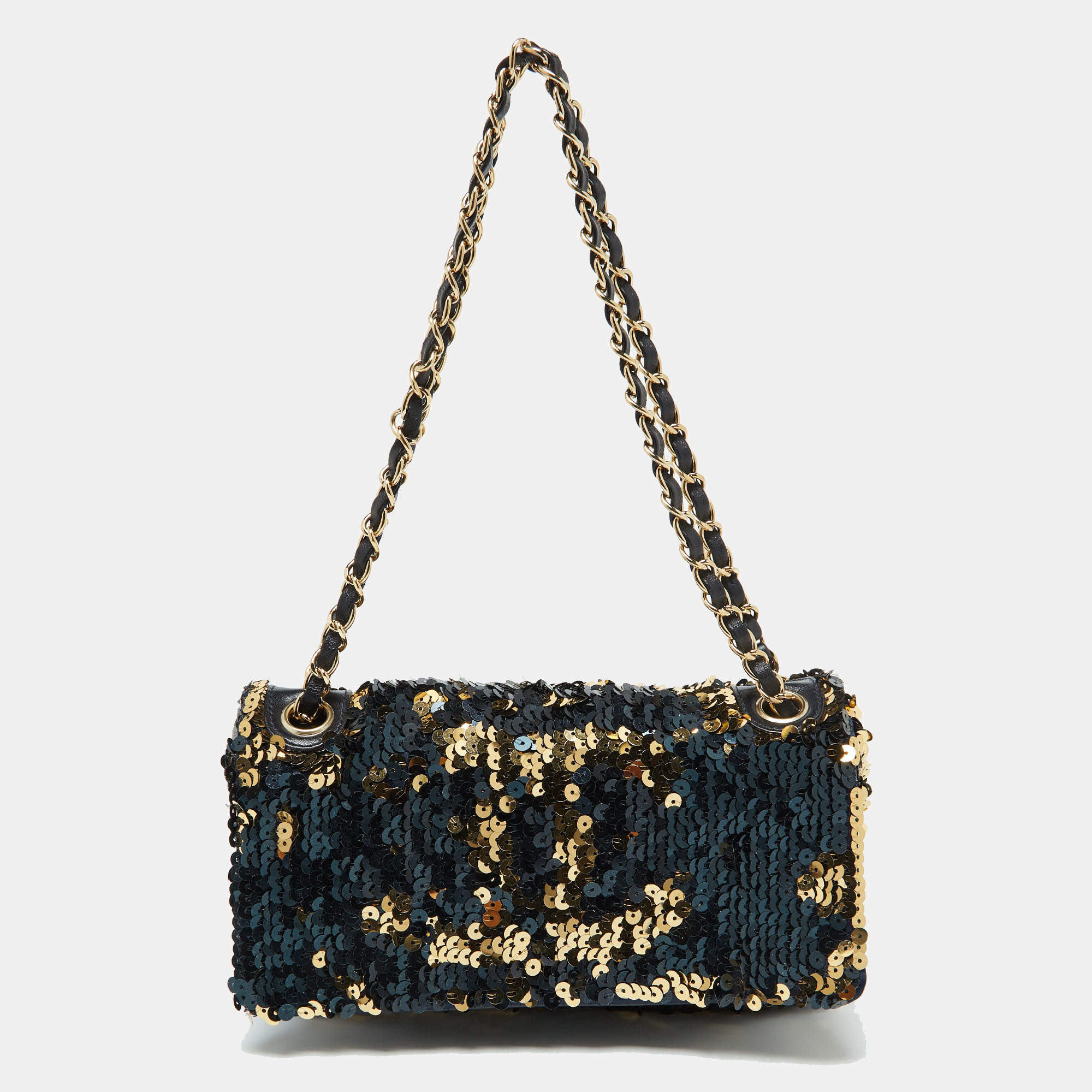 Pre Owned Chanel Navy Blue/Gold Sequins Summer Night Flap Bag