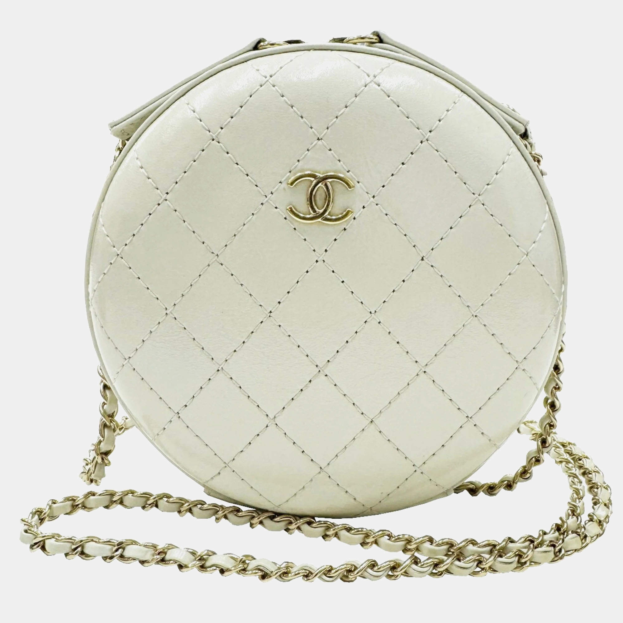 Chanel Ivory Leather Matelasse Round Chain Shoulder bag