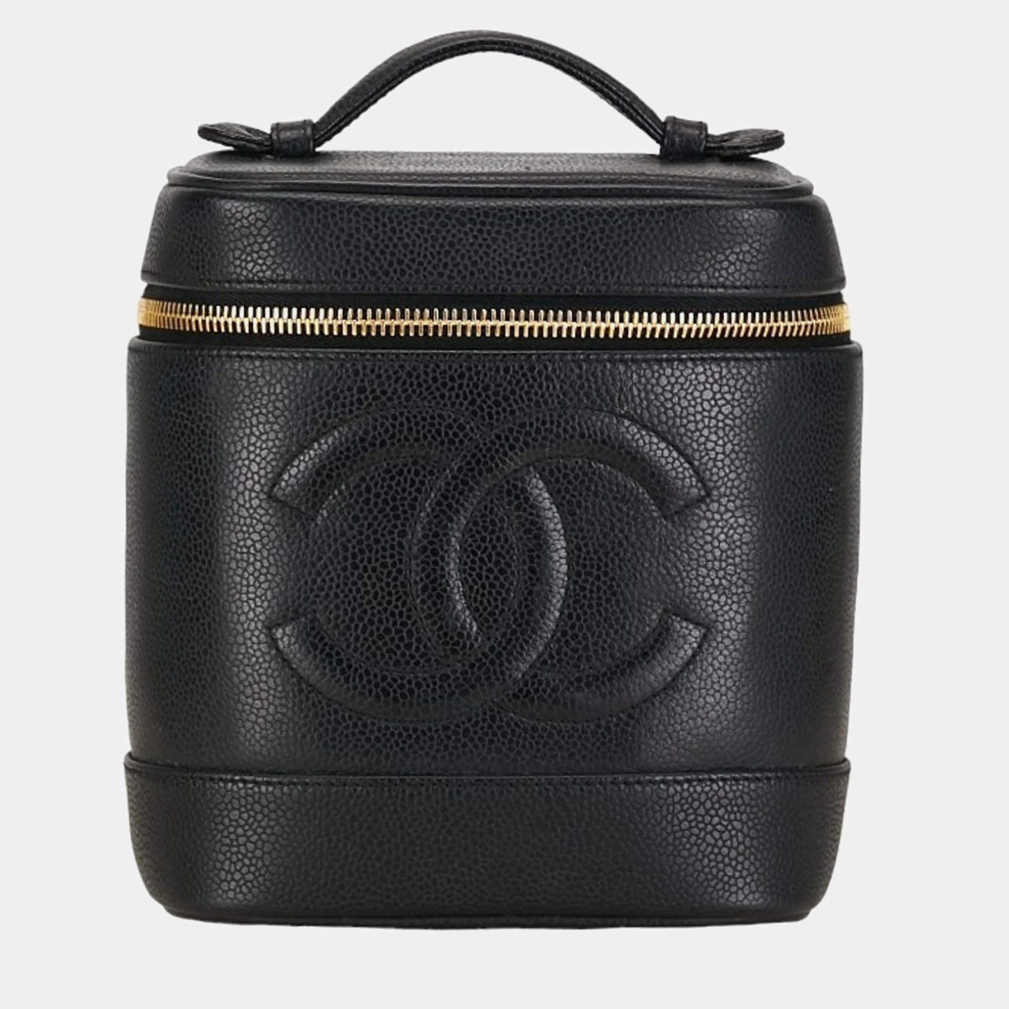 Chanel Black Gold Caviar Skin Coco Mark Handbag