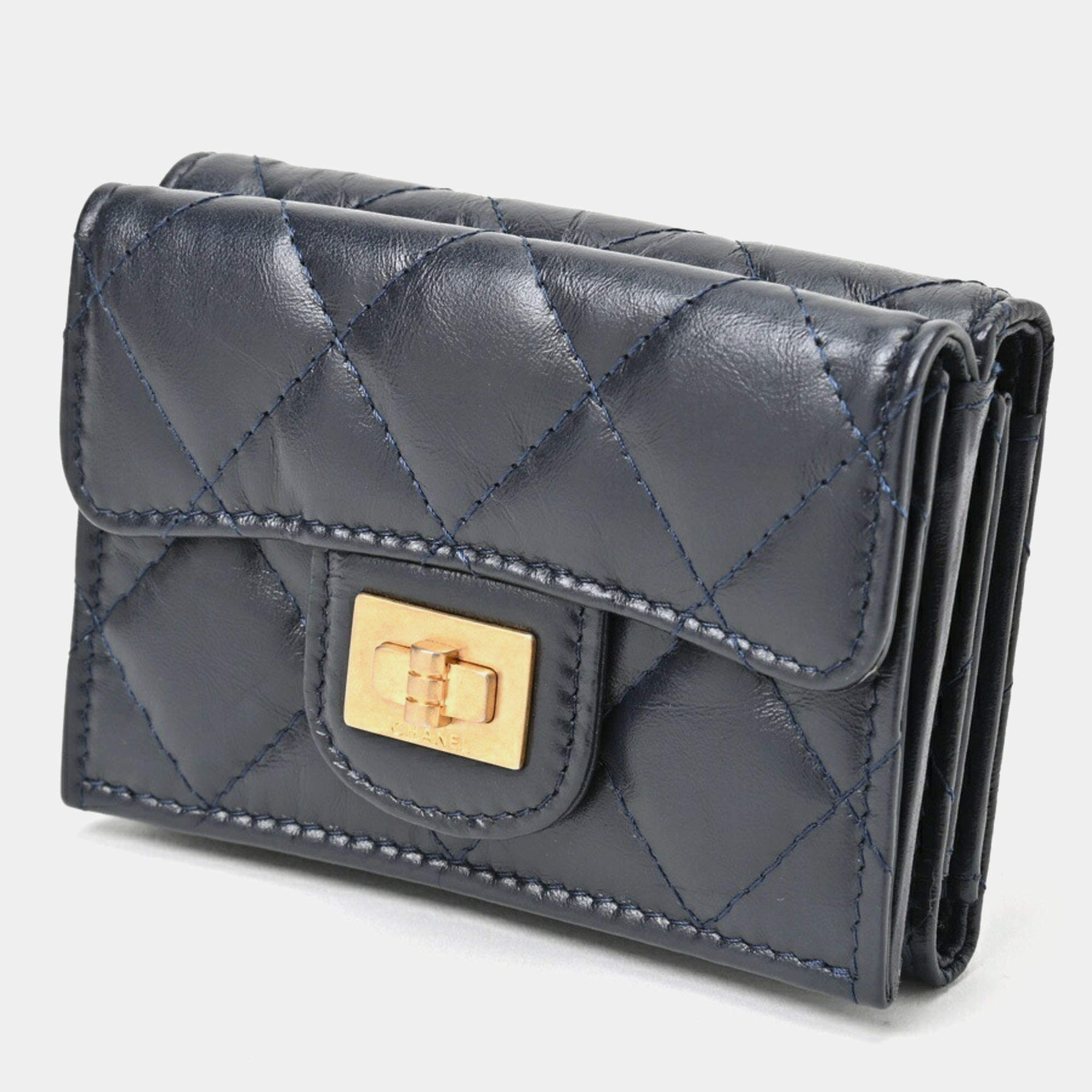 Chanel Navy Lambskin Matelasse 2.55 Small Flap Tri-fold  Wallet