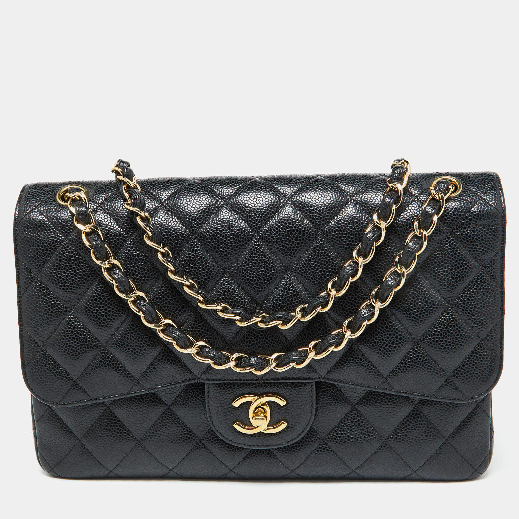 Pre Owned Chanel Black Caviar Quilted Leather Large Classic Double Flap Bag