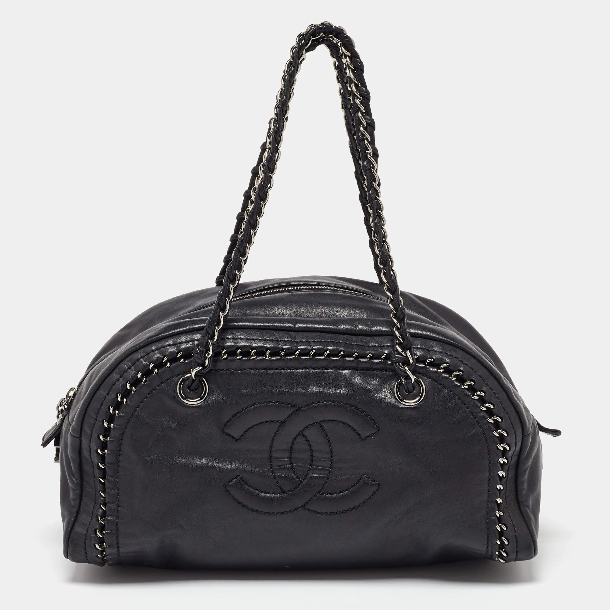 Chanel Black Leather Medium Chain Trim Luxe Ligne Bowler Bag