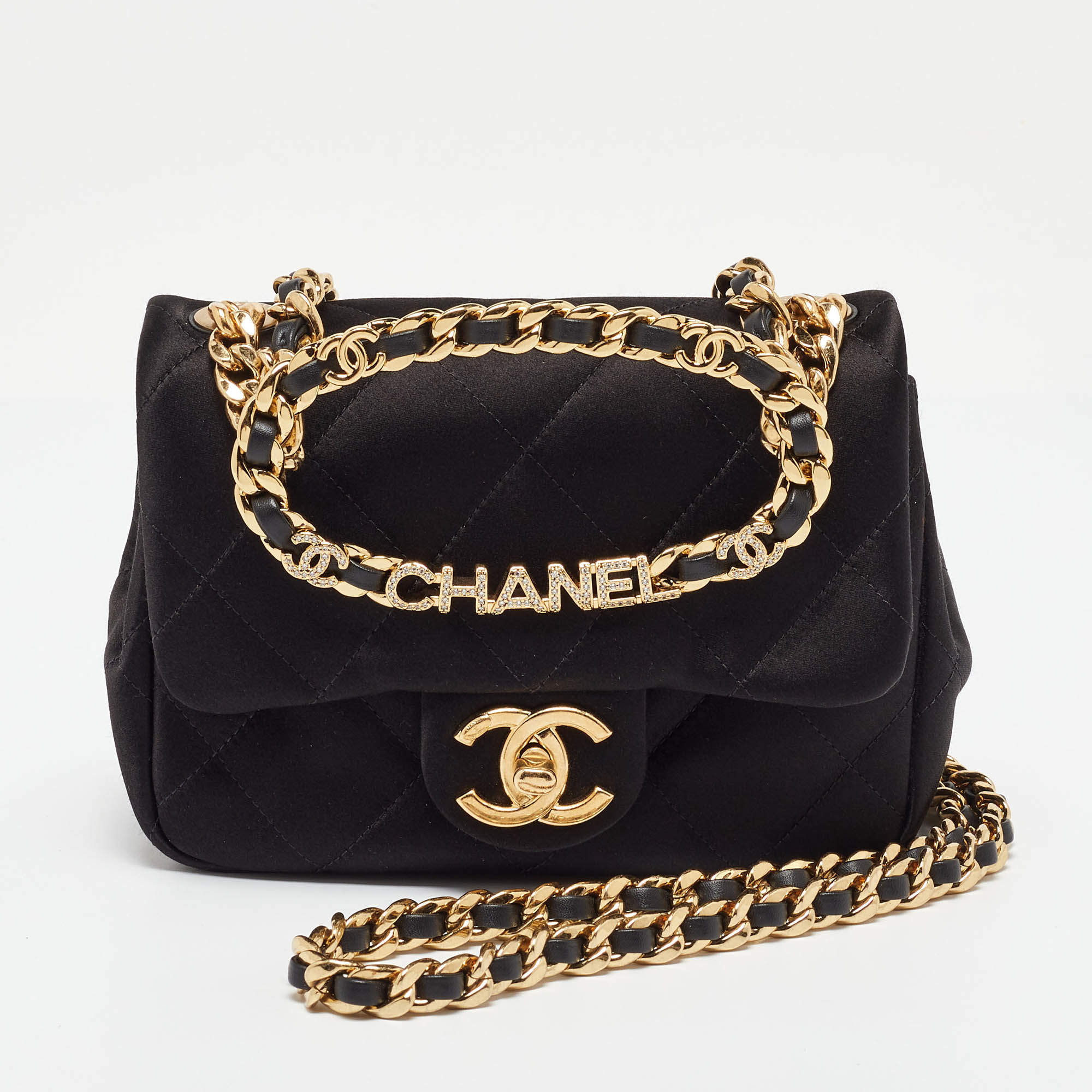 Chanel Black Quilted Satin Top Handle Flap Bag