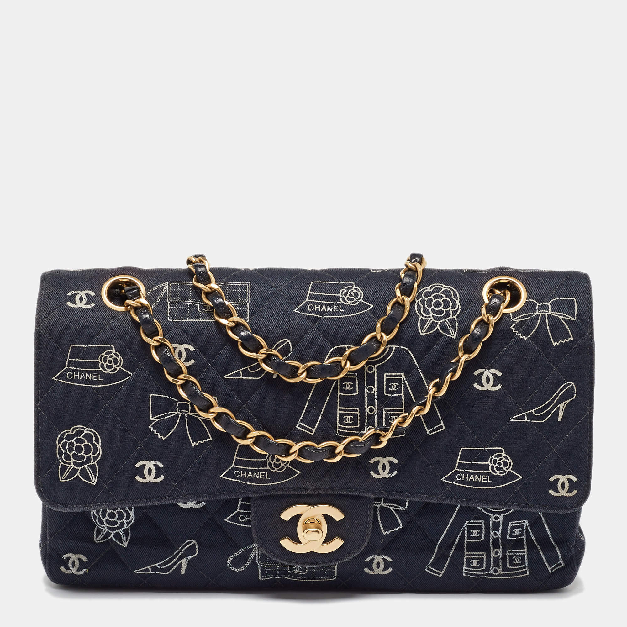 Pre Owned Chanel Navy Blue Fabric Madame Coco Classic Double Flap Runway Bag