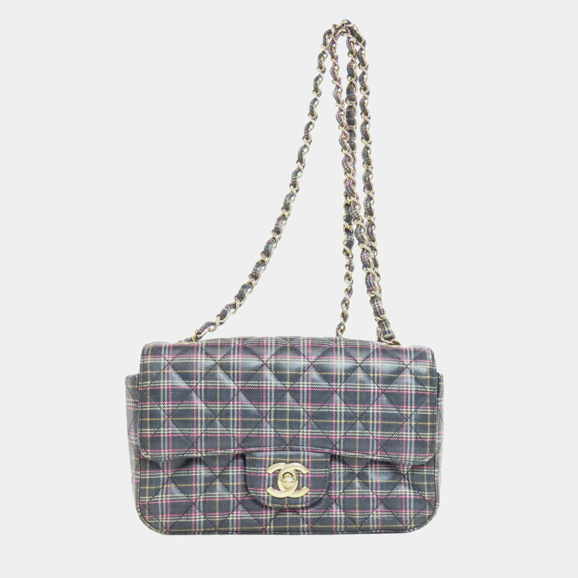Pre Owned Chanel Leather Check Pattern Chain Shoulder Bag