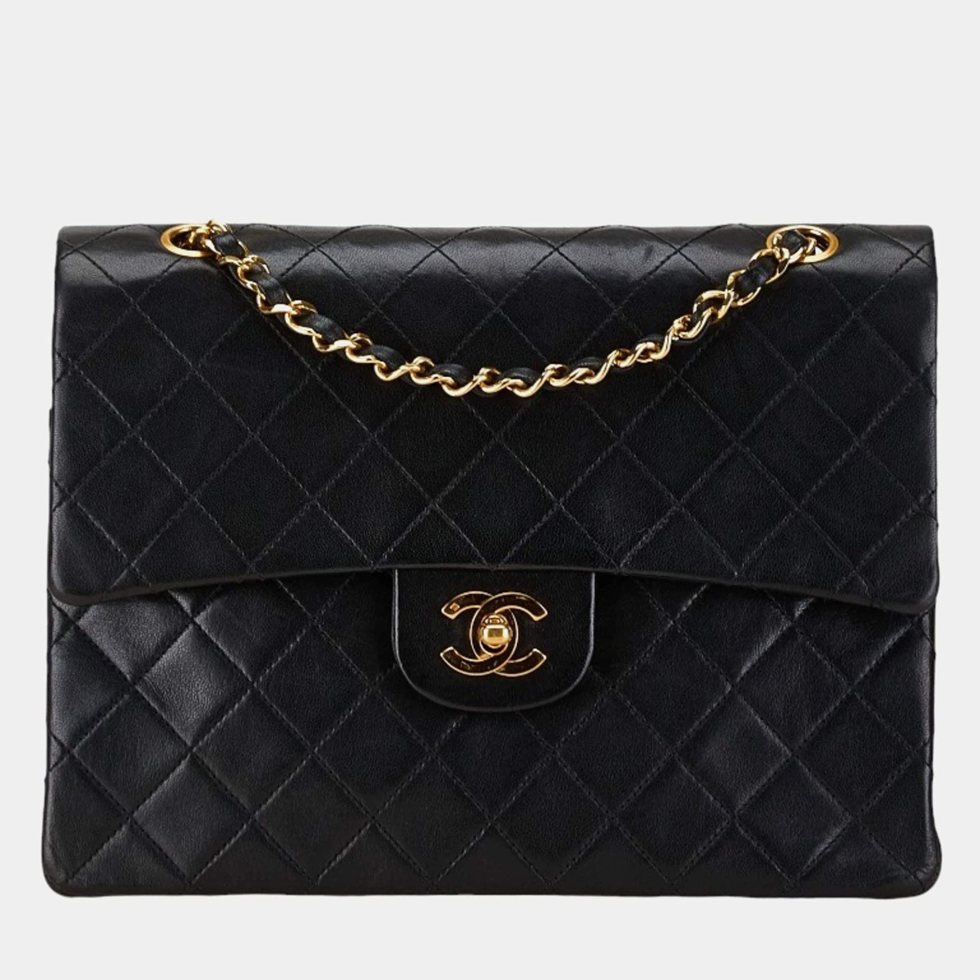 Pre Owned Chanel Black Lambskin Matelasse 25 Coco Mark Double Flap Chain Shoulder Bag