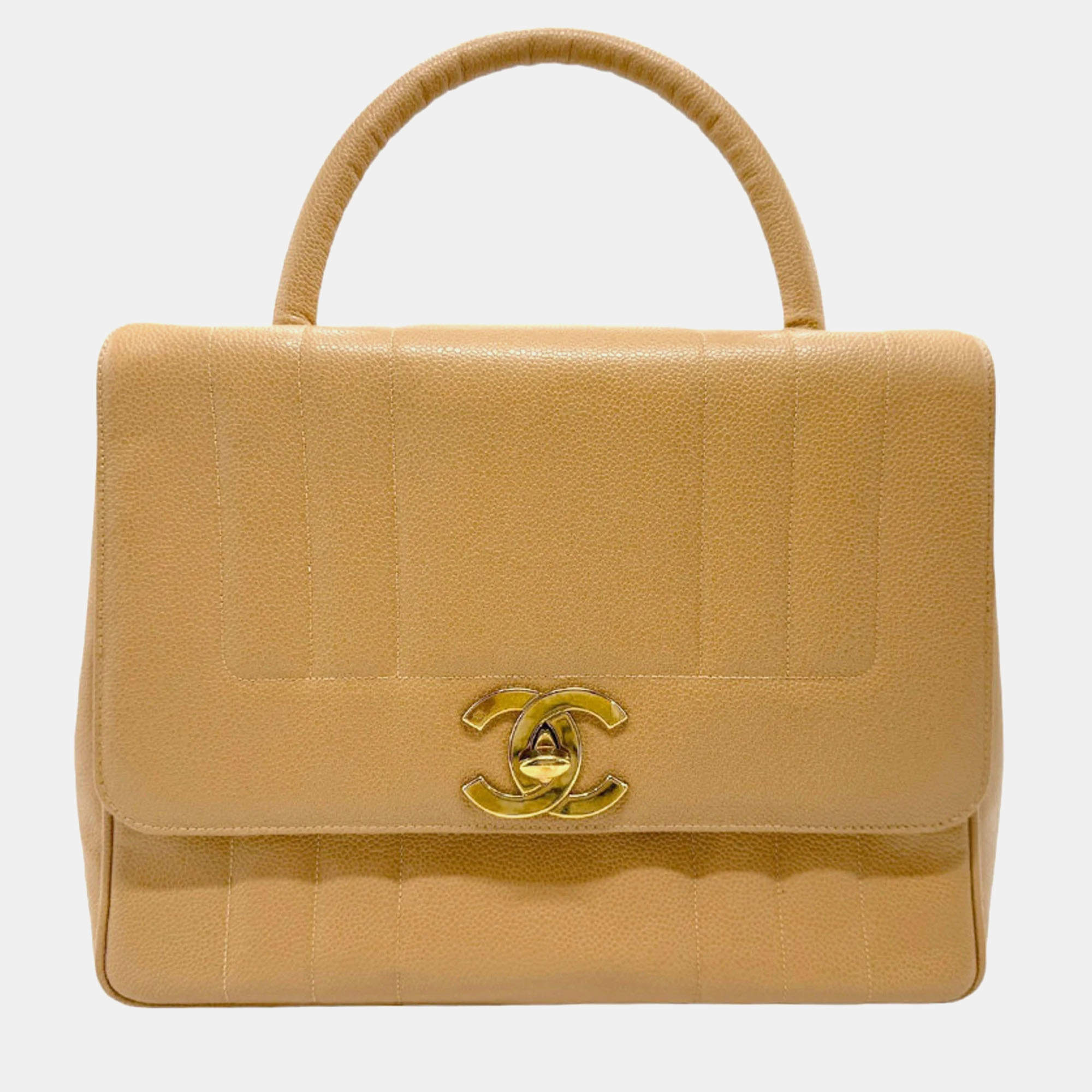 Pre Owned Chanel Beige Gold Caviar Skin Leather Handbag