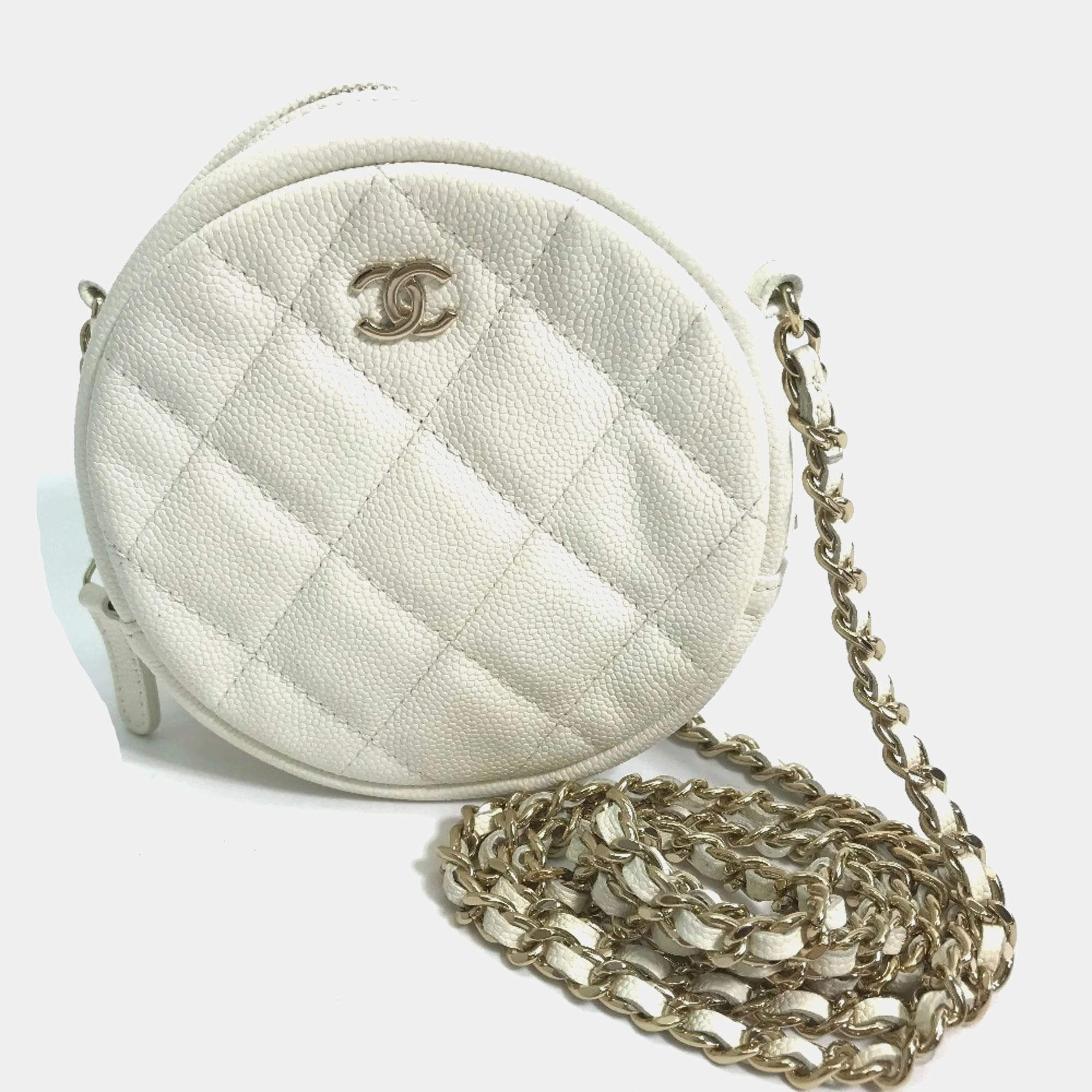 Pre Owned Chanel White Gold CC Mark Round Chain Bag