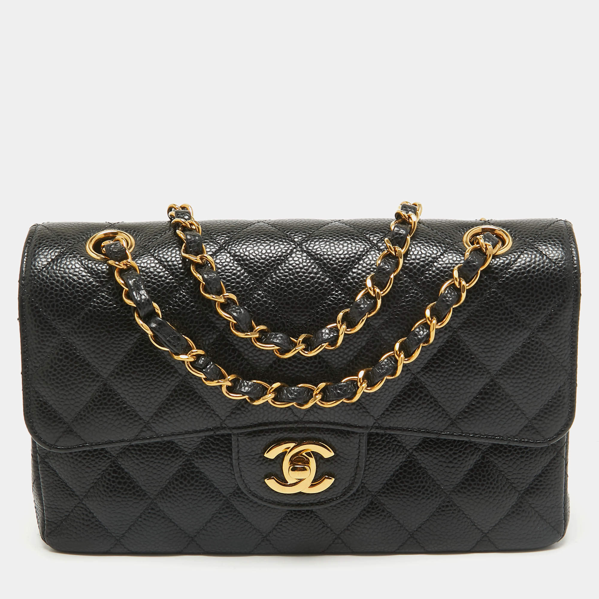 Pre Owned Chanel Black Quilted Caviar Leather Small Classic Double Flap Bag