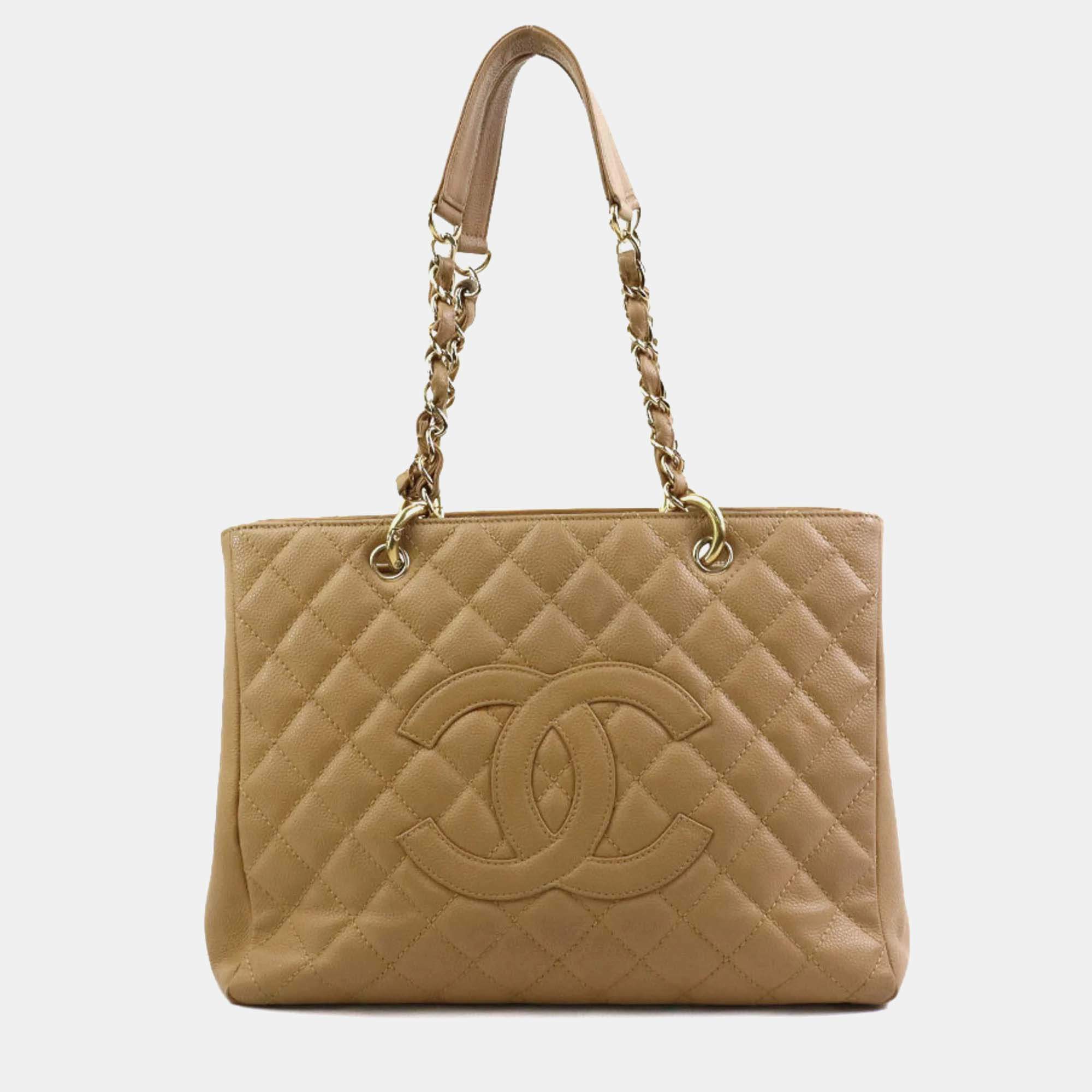 Pre Owned Chanel Beige Gold Caviar Skin Leather GST Shoulder Bag