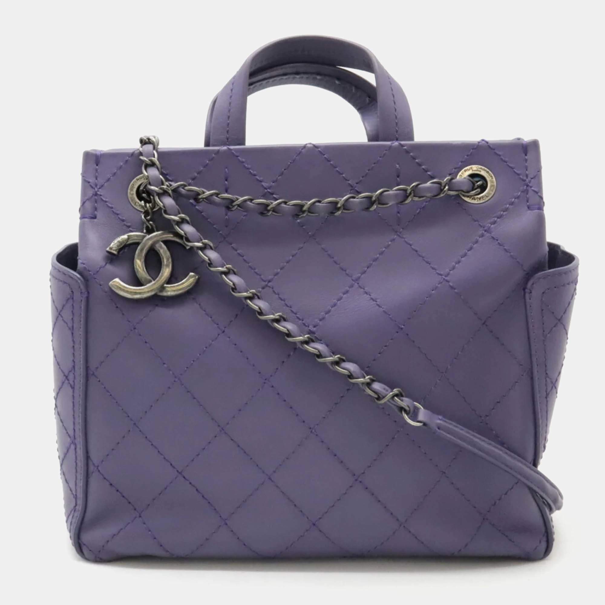 Chanel Purple Leather Wild Stitch Coco Mark Tote Bag