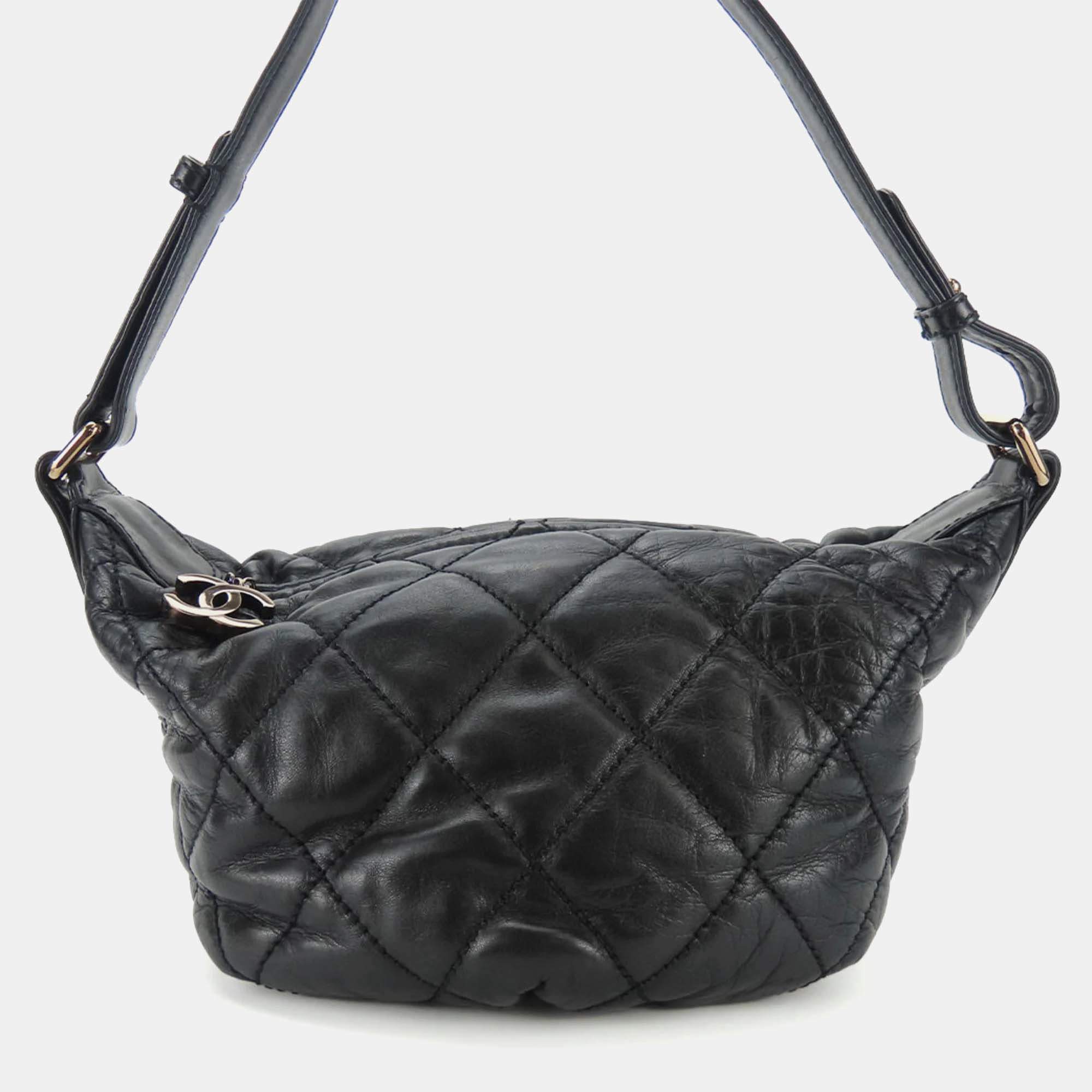 Chanel Black Leather Coco Mark Wild Stitch Shoulder Bag