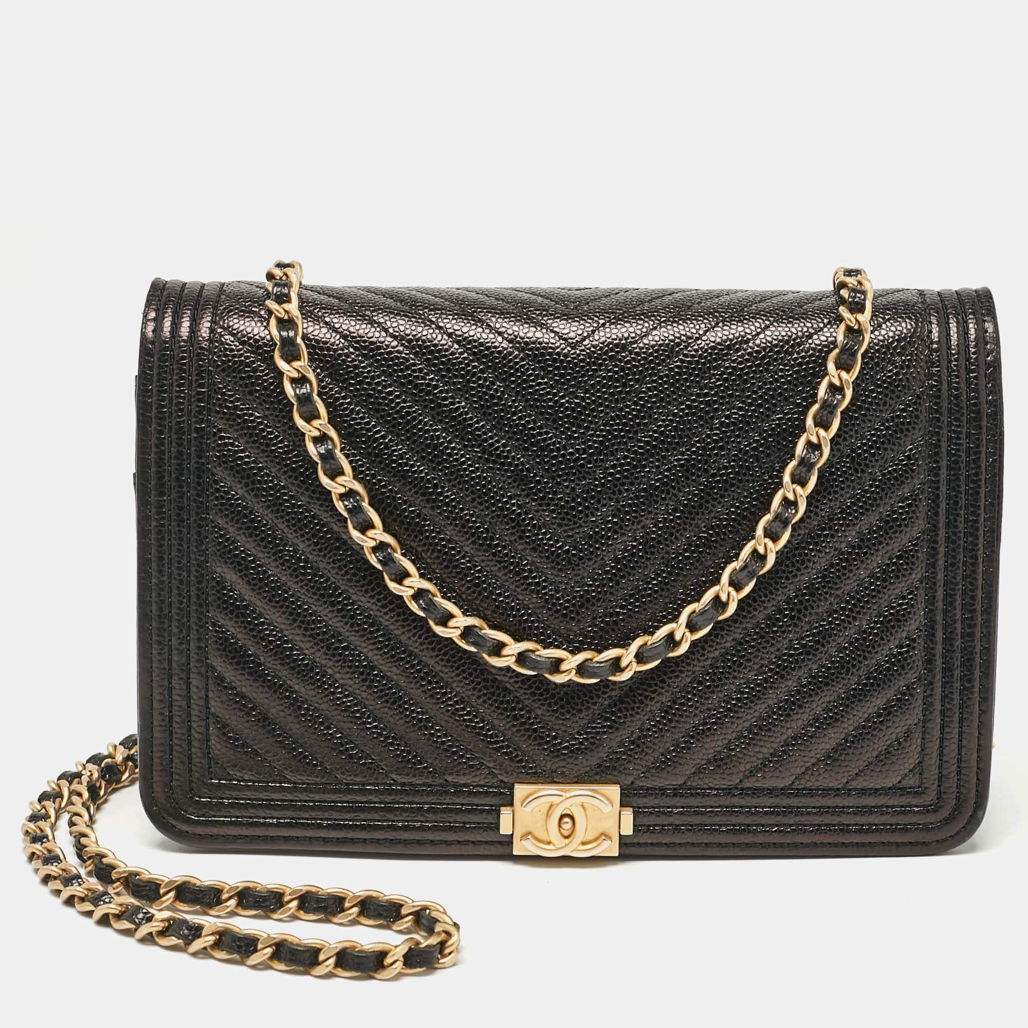 Chanel Black Chevron Caviar Leather Boy Wallet On Chain