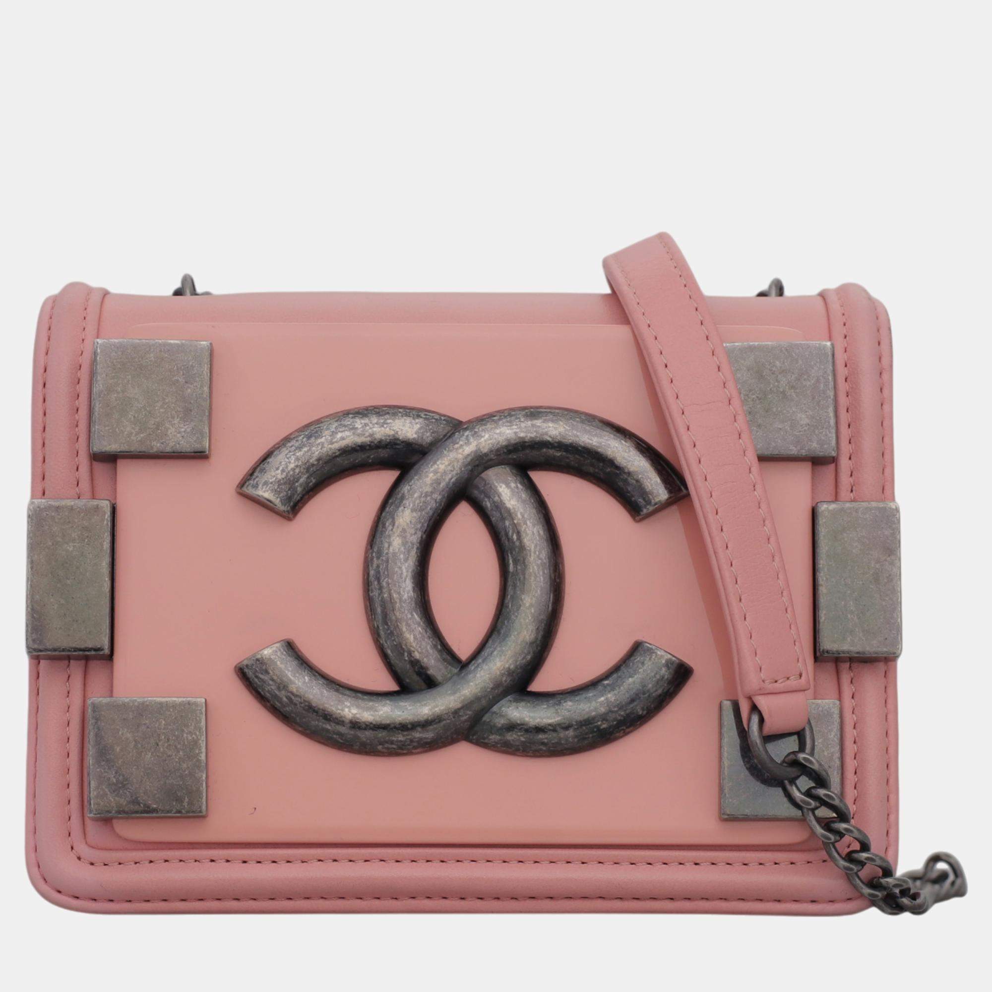 Pre Owned Chanel Pink Leather, Resin Boy Brick Flap Bag 