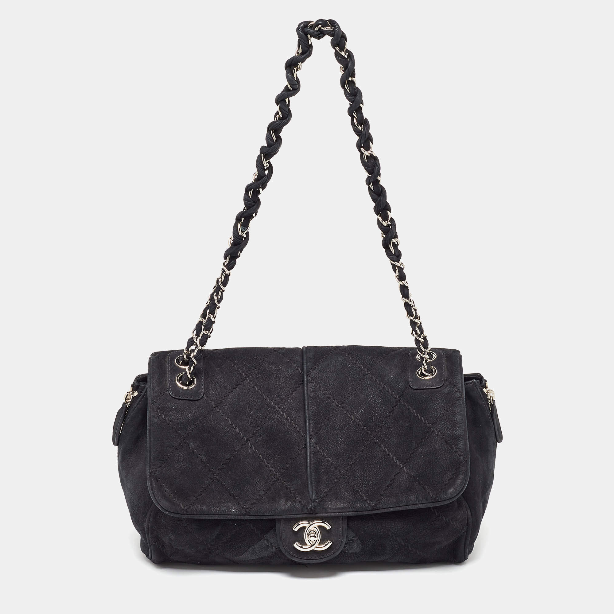 Pre Owned Chanel Black Nubuck Leather Darjeeling Flap Bag