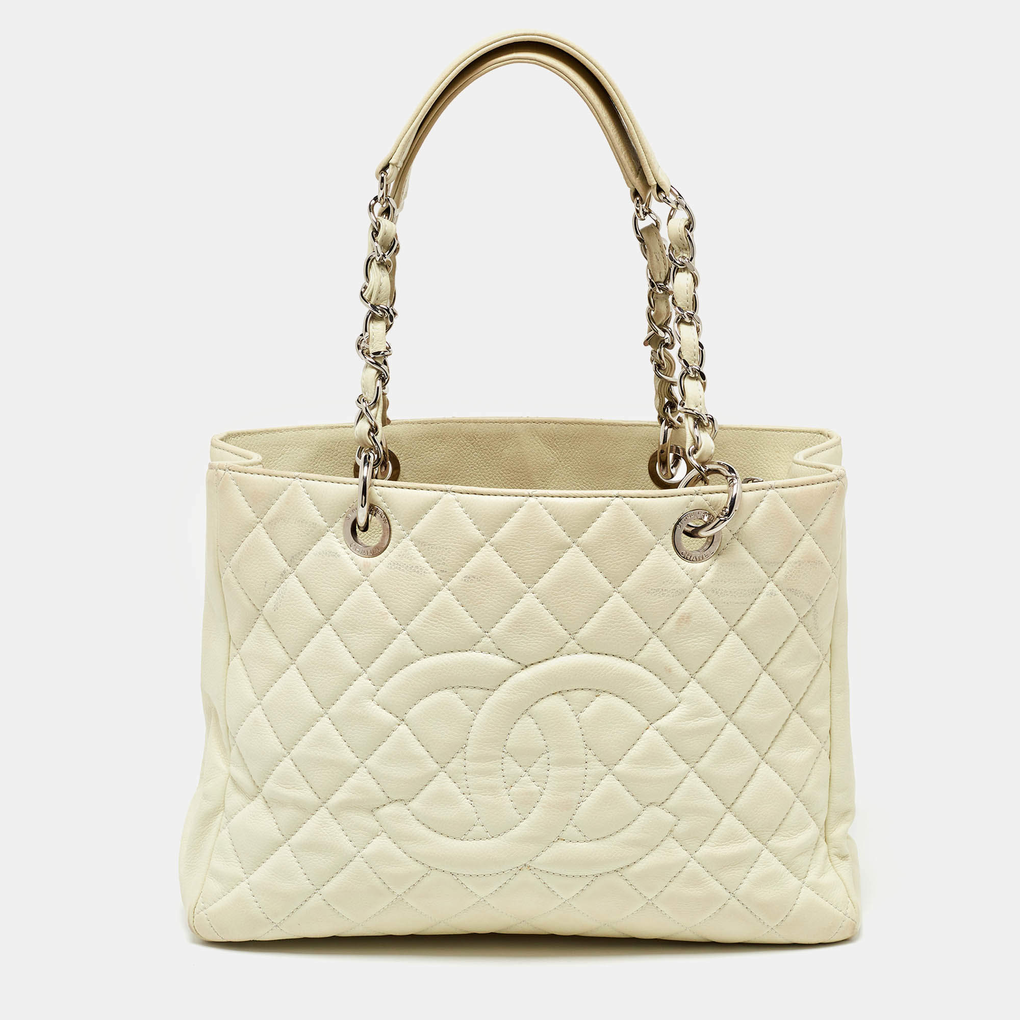 Chanel Cream Quilted Caviar Leather CC GST Tote